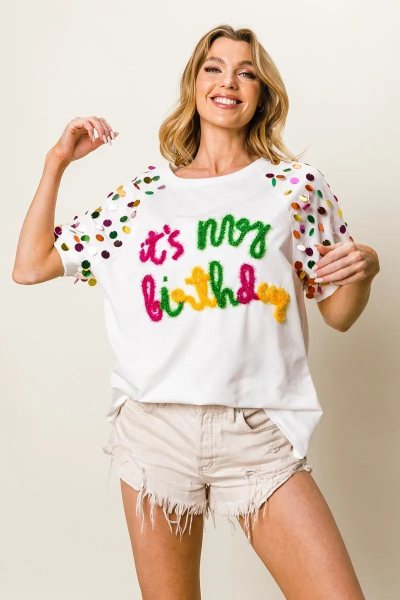 BiBi Metallic Letter Spangle Raglan Puff Sleeve Top | Trendy Women's Graphic Tee for Casual Wear, Party & Date Night Outfits