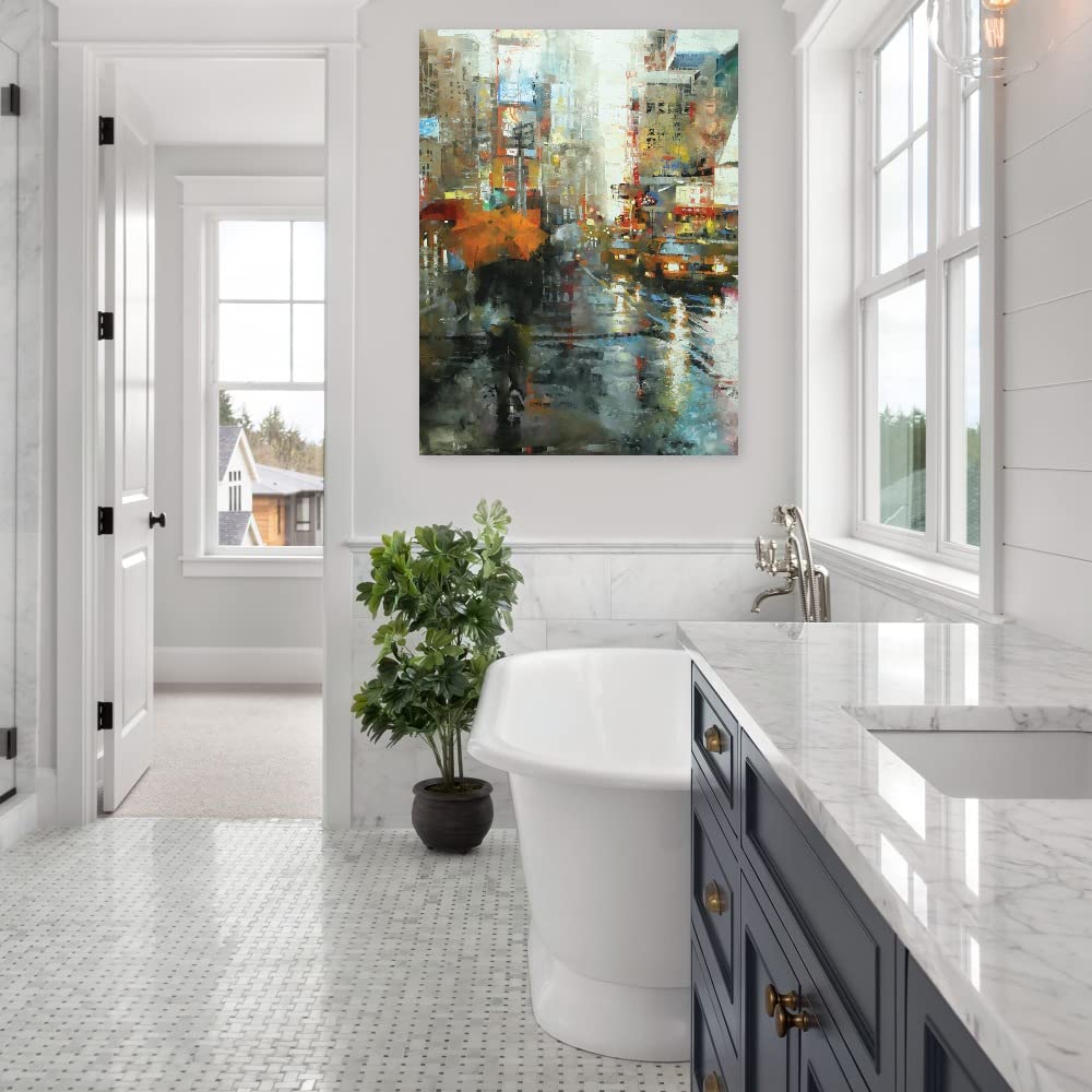 Manhattan Orange Umbrella Fine Art Canvas Print by Mark Lague - 24x32 Inch Ready to Hang Wall Decor for Living Room, Bedroom, Office - Perfect for Modern Home & Office Interior Design
