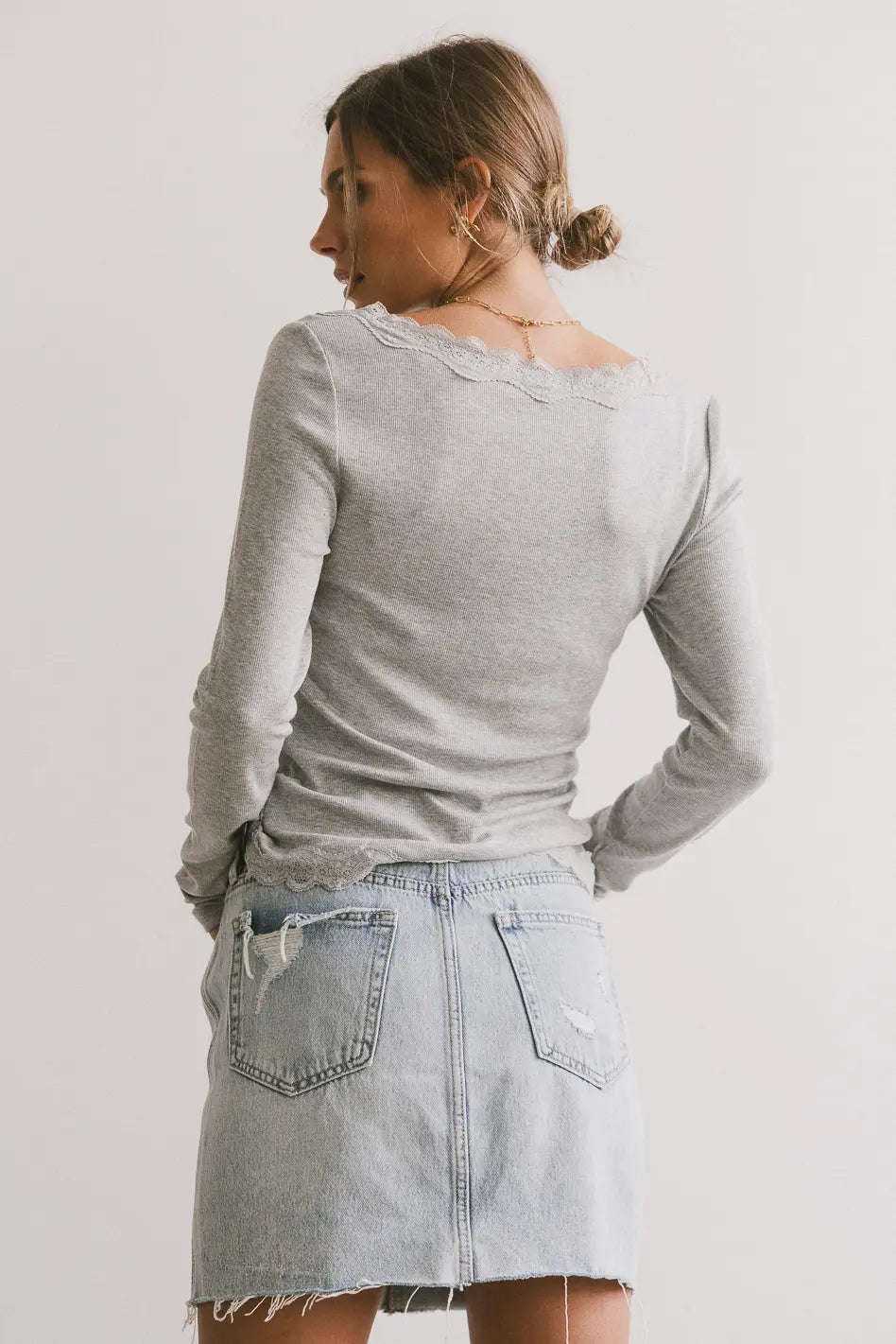 Logan Lace Trim Top in Grey - Women's Elegant Lace Blouse for Casual Wear, Date Night & Office Outfits