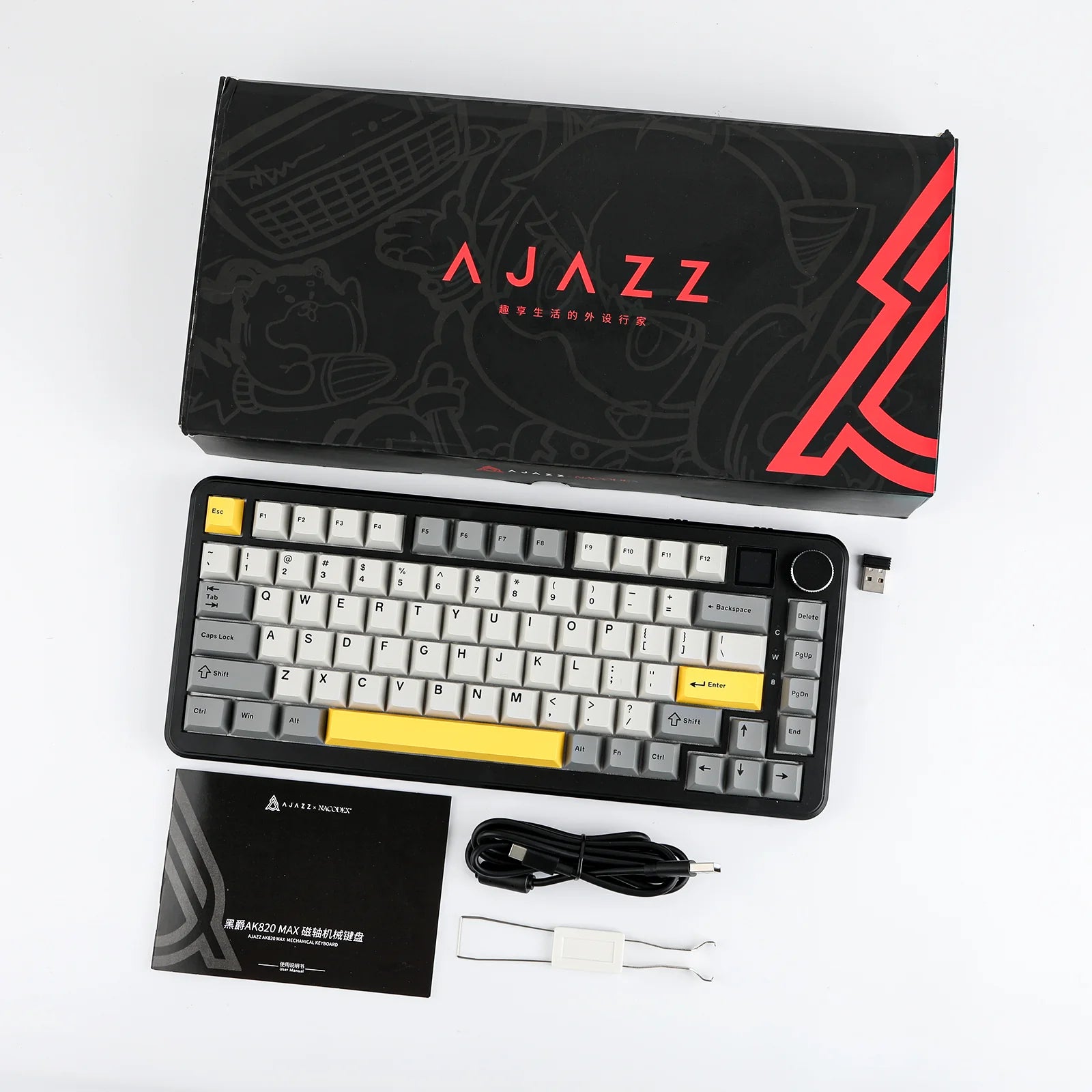 AJAZZ AK820 MAX RGB Mechanical Keyboard - Black Gray Yellow, Magnetic Switch, Wired & Wireless Gaming Keyboard with OLED Screen | Perfect for Gaming, Office Work, and Typing Enthusiasts
