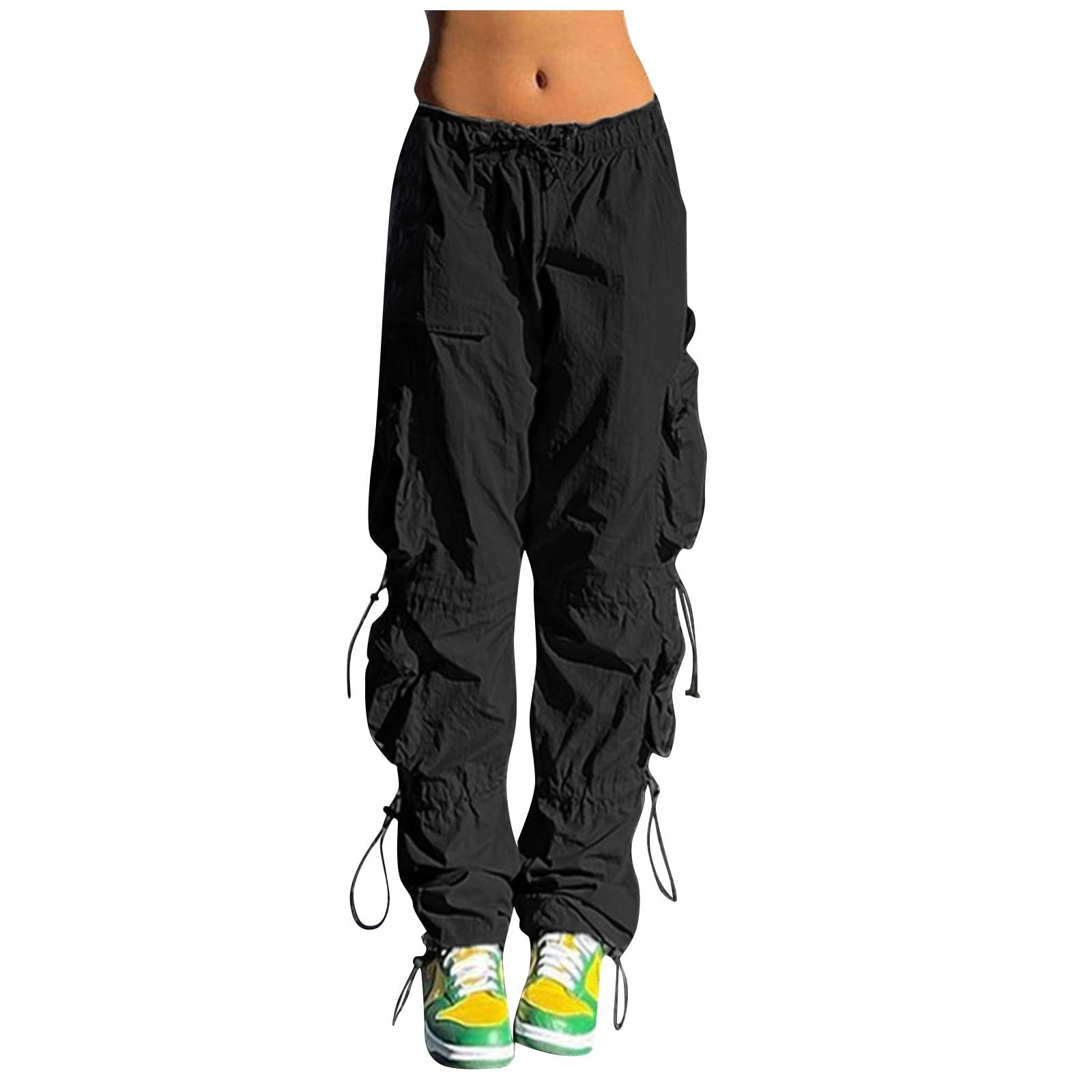 Women's Low Waist Straight Work Pants - Summer Street Fashion with Multiple Pockets (Black, Size L) | Casual Office Wear, Outdoor Activities & Everyday Comfort