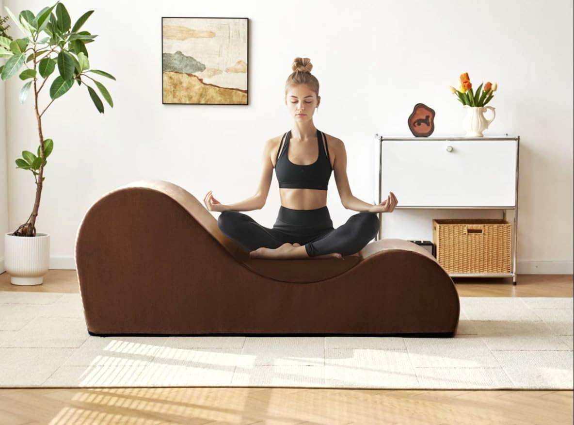 Solace Yoga Chaise Lounge Chair - Ergonomic Stretching & Relaxation Chair with High-Density Foam Core, Removable Washable Cover (Brown) - Perfect for Yoga, Pilates, Meditation & Home Spa