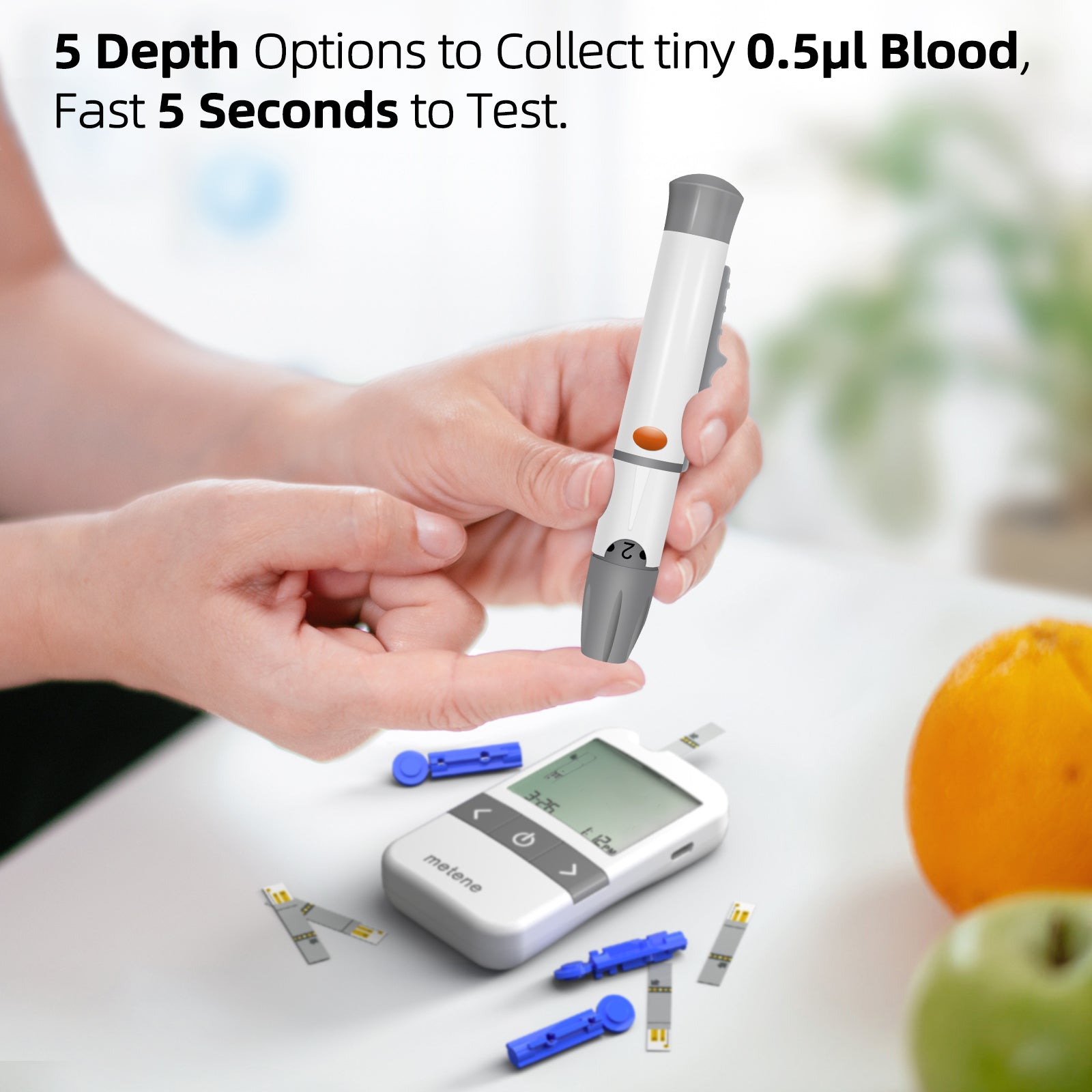 Metene AGM 513S Blood Glucose Monitor Kit - 100 Test Strips, 100 Lancets, Lancing Device, Control Solution & Travel Case - No Coding Required - Ideal for Diabetes Management at Home & On-The-Go