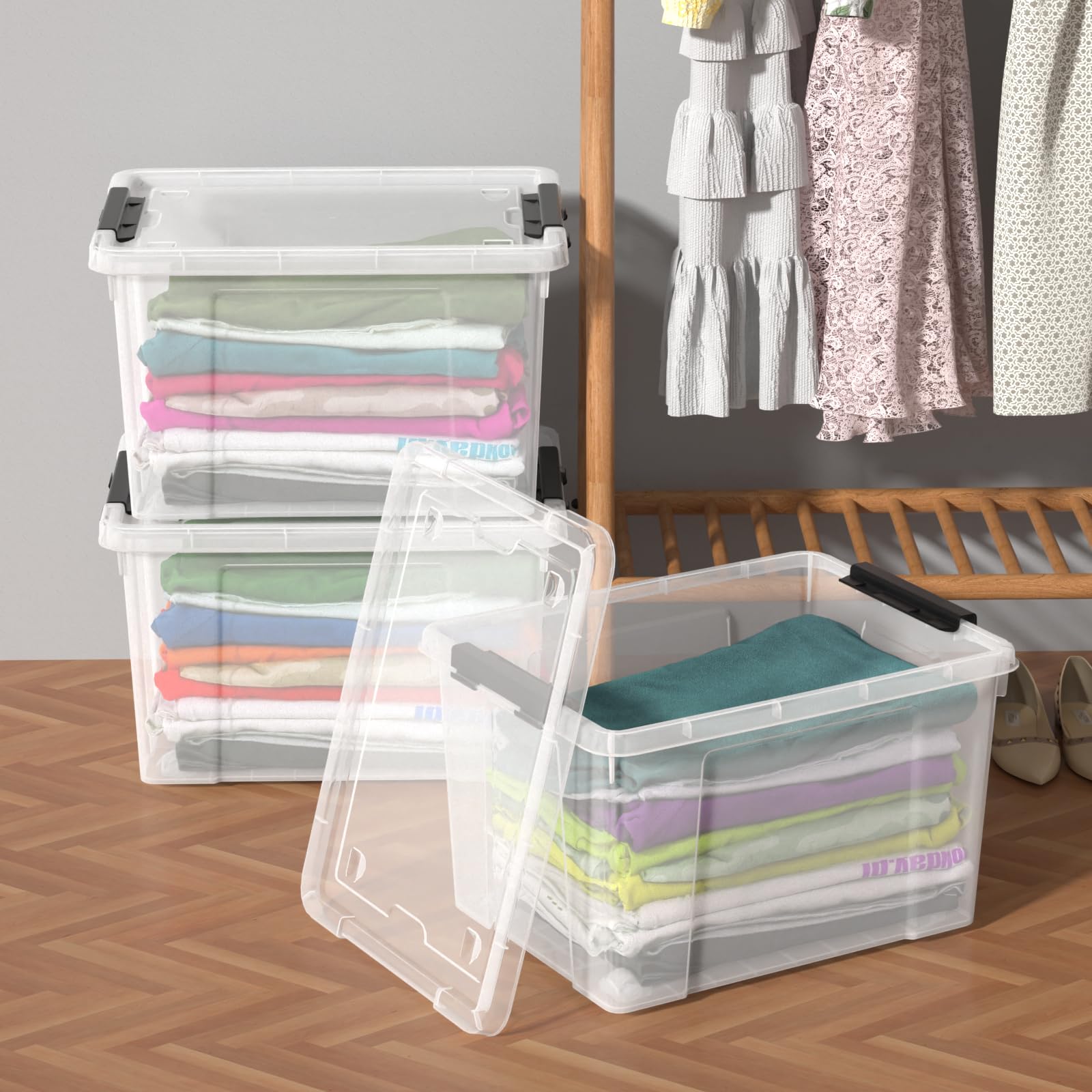 Zopnny 40 Quart Clear Latching Storage Box with Wheels - 4 Pack Plastic Storage Containers with Secure Lids for Home Organization, Garage, Office & Moving Supplies