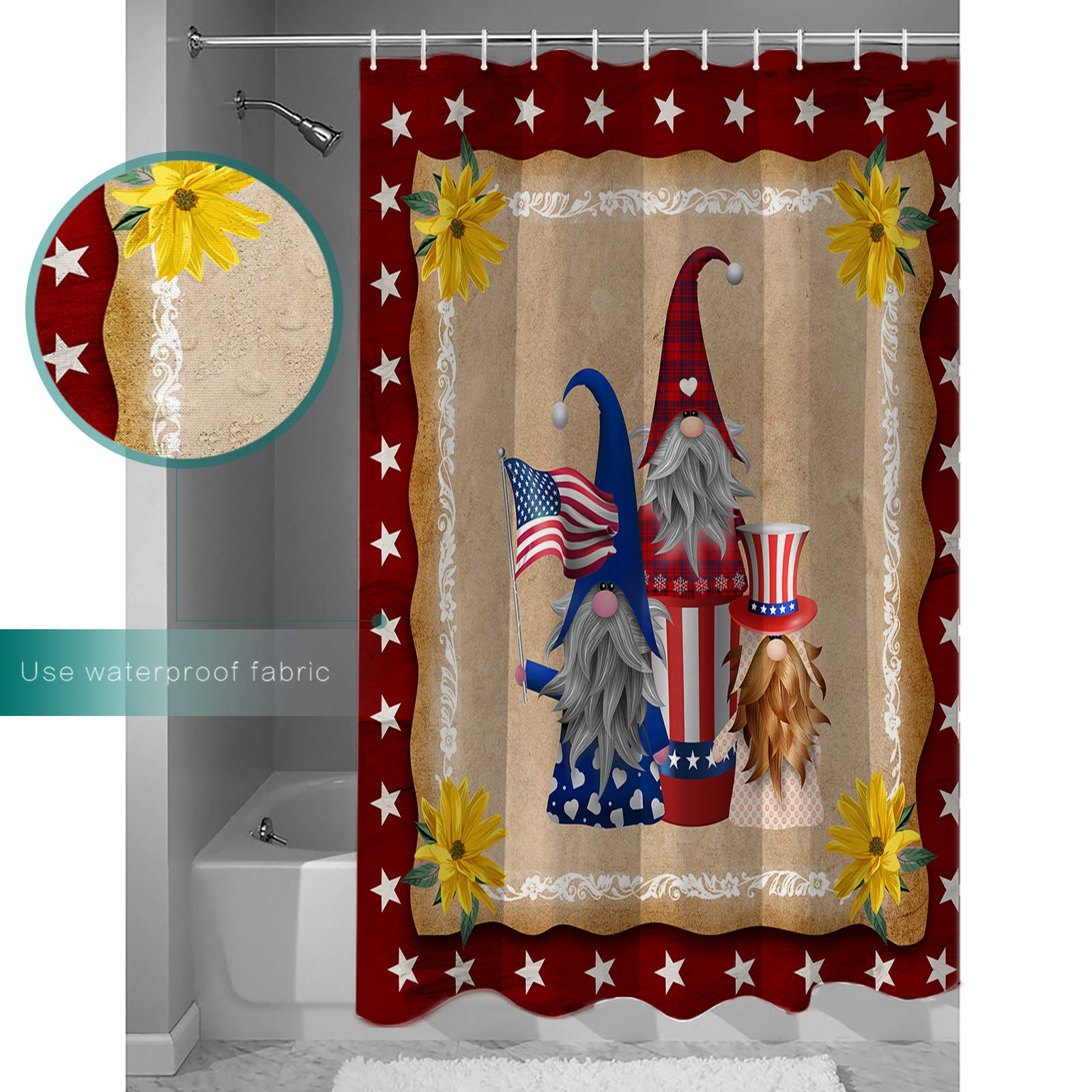 ALAGEO 4th of July Patriotic Shower Curtain - USA Flag Gnome Design with Yellow Flowers & Stars - Waterproof Extra Long 72x78 Inch Bathroom Decor for Independence Day - Perfect for Holiday Home Decor, RV Bathrooms & American Theme Parties