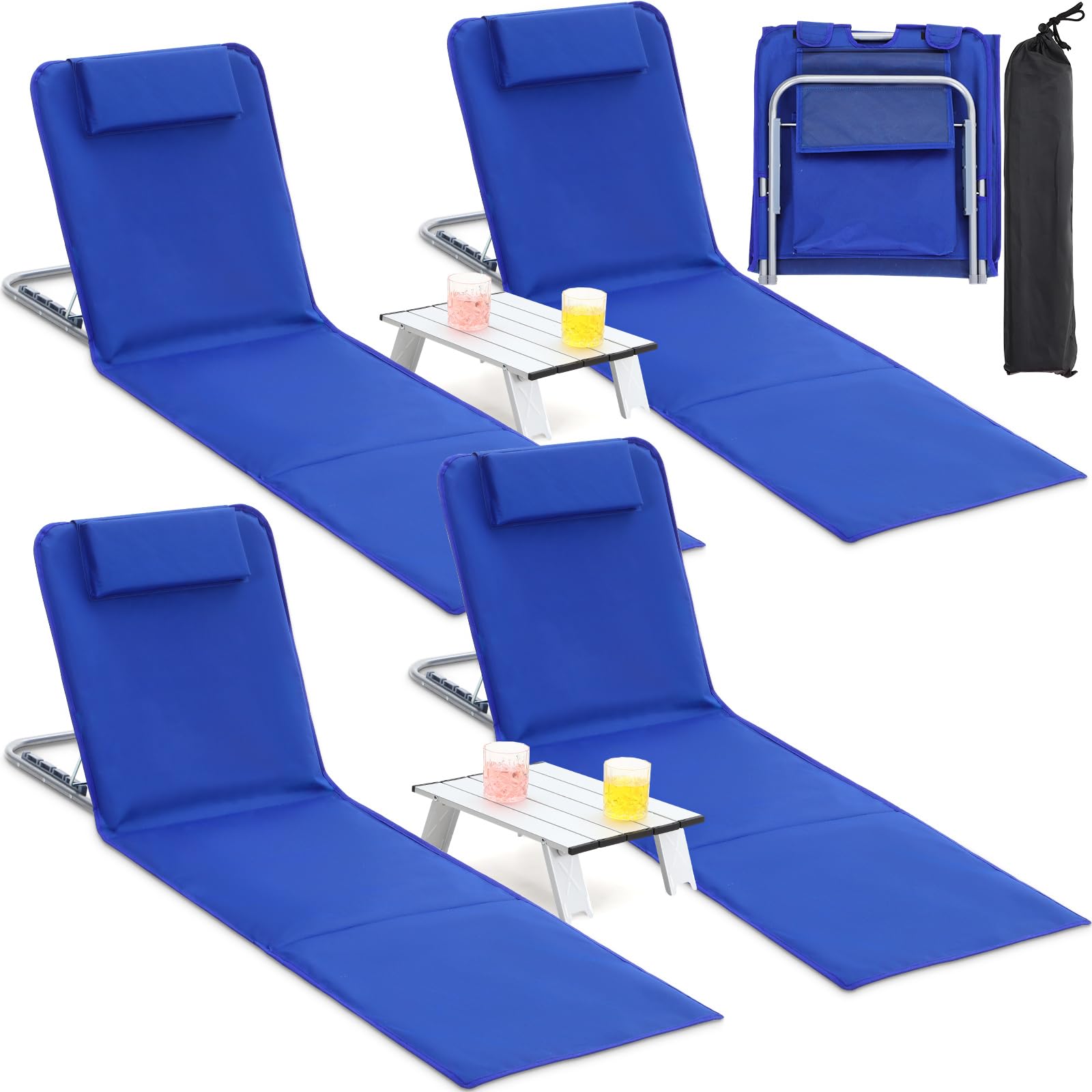 4 Pack Portable Beach Lounge Chairs with 2 Folding Side Tables - 5-Position Adjustable Lightweight Sunbathing Chaise for Outdoor, Yard, Lawn & Camping (Deep Blue) - Perfect for Poolside Relaxation, Backyard Lounging and Beach Vacations