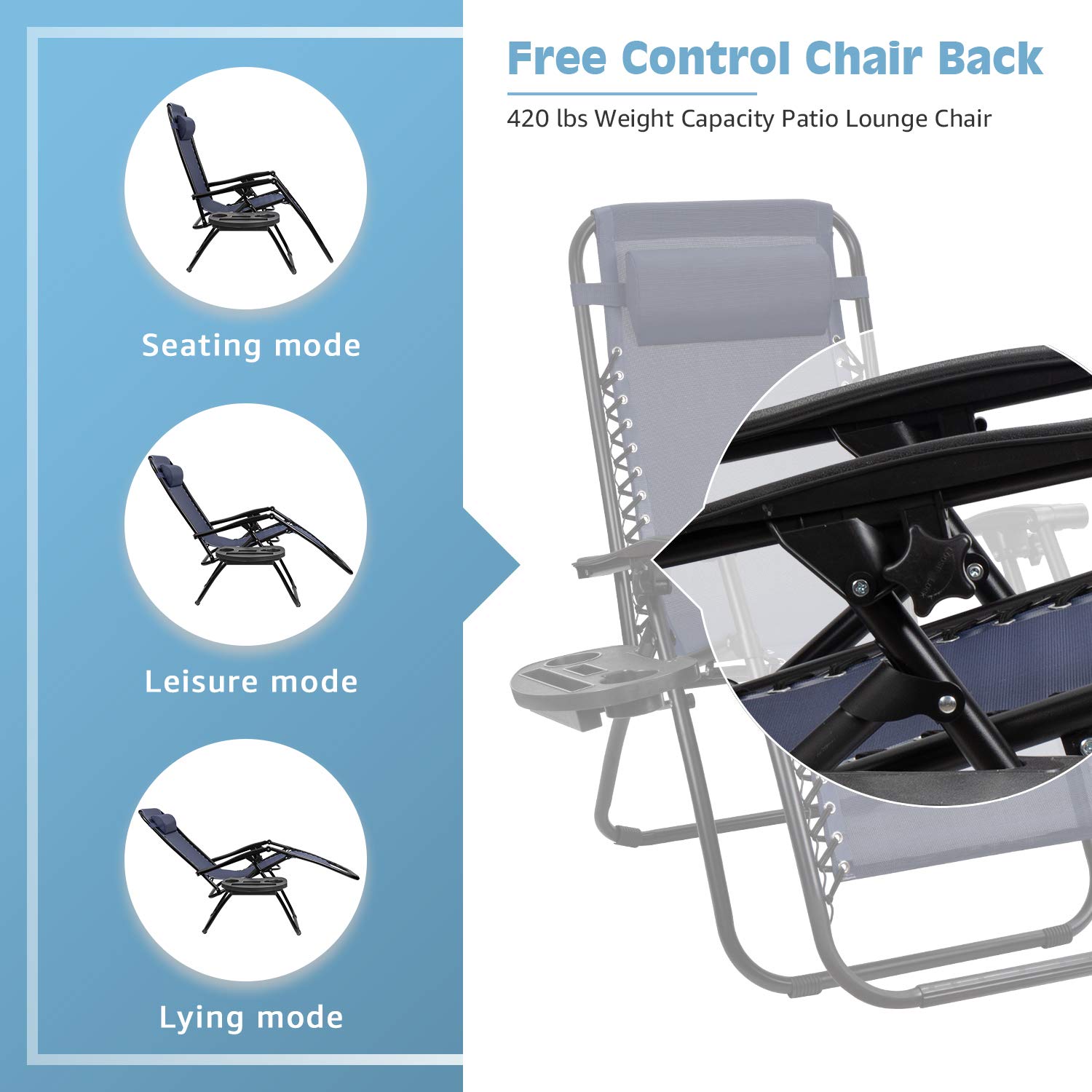 **Devoko Zero Gravity Chair - Outdoor Folding Recliner with Side Table & Pillow - Perfect for Poolside, Patio, Lawn, and Backyard Relaxation (Deep Blue)**