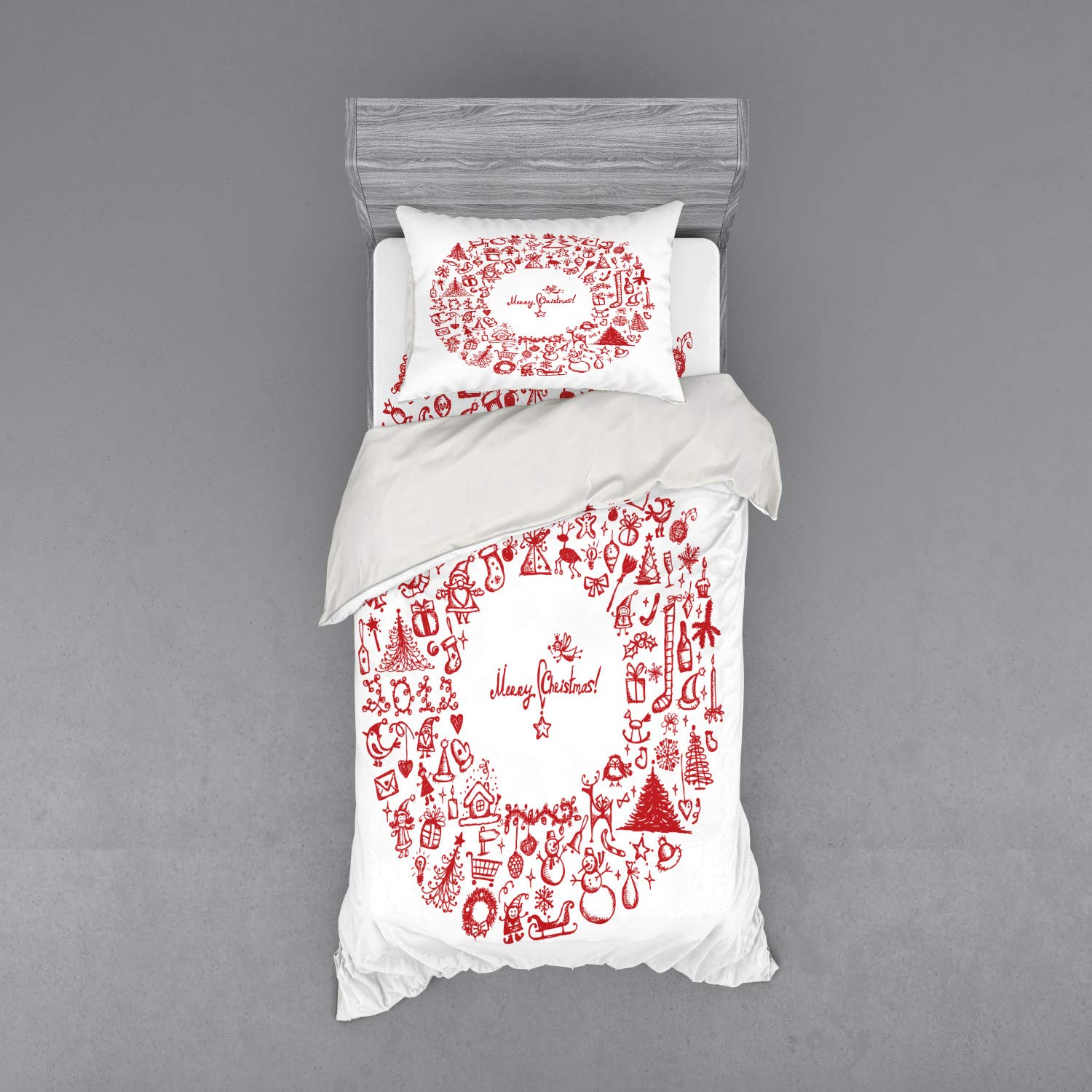 Ambesonne Christmas Duvet Cover Set 3-Piece - Vintage Merry Xmas Wreath Design with Noel, Yule, Ribbons, Candles & Bells - Twin XL Size Red Holiday Bedding - Perfect for Festive Bedroom Decor & Winter Home Styling