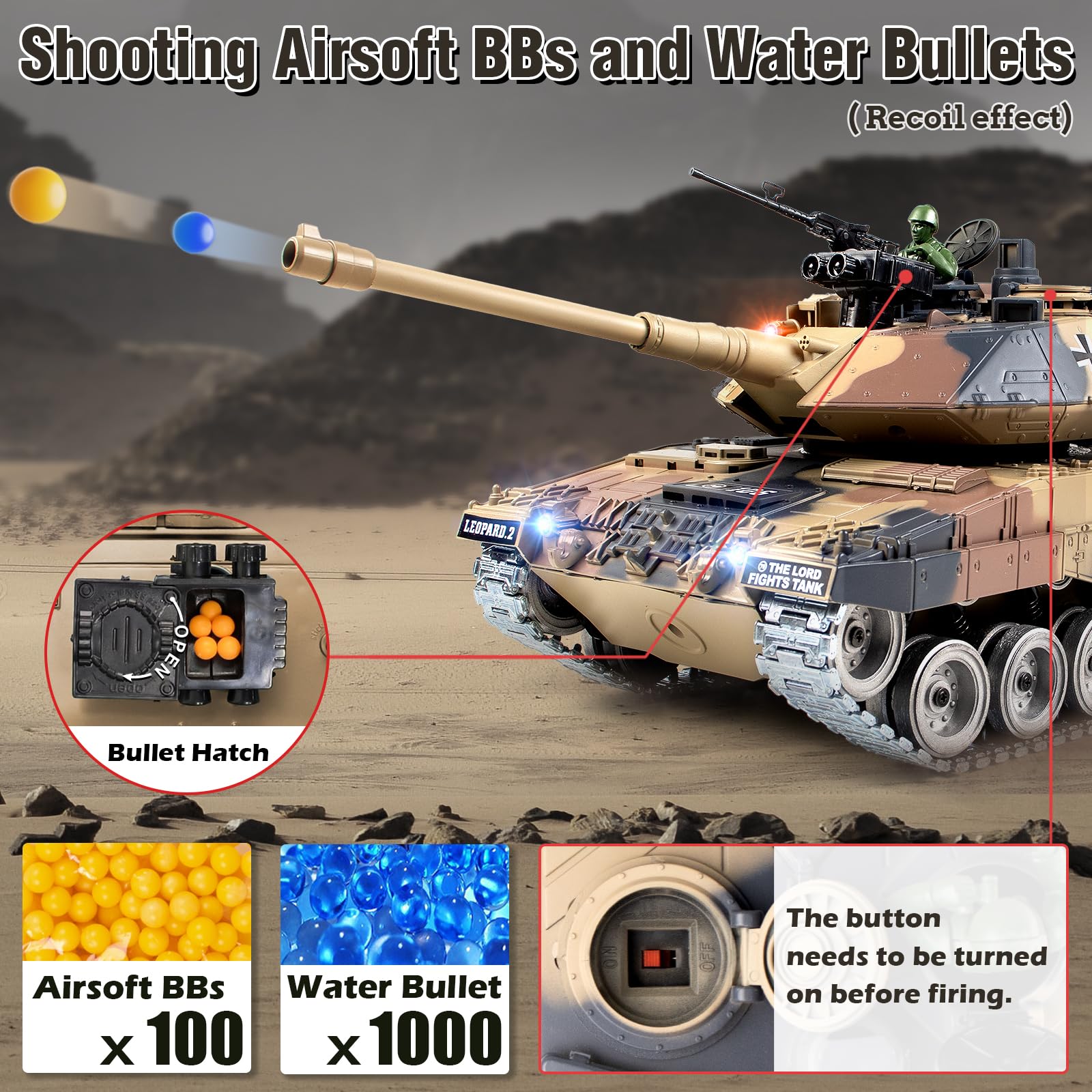 1:18 Scale German Leopard II RC Tank - 2.4Ghz Remote Control Military Vehicle with BBS Shooting, Water Bombs, Smoke, Sound Effects & LED Lights - Realistic Recoil Action Toy for Adults & Kids | Battle Simulation, Outdoor Play & Collection Display