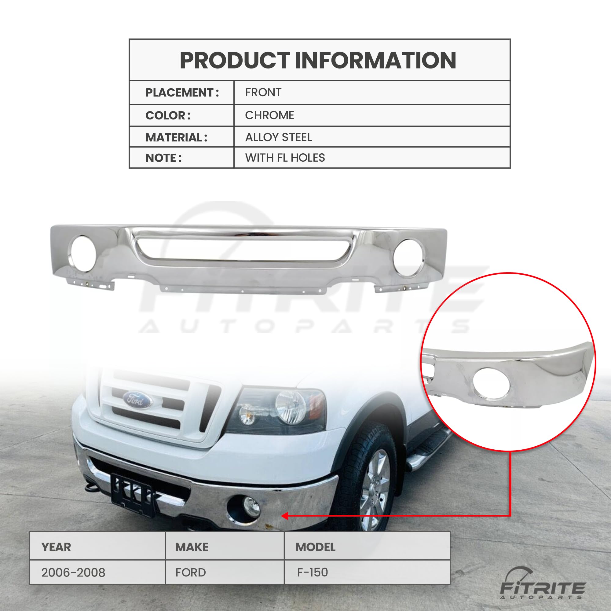 Chrome Front Bumper with Fog Light Holes for 2006-2008 Ford F-150 | Replacement Face Bar | FO1002399 6L3Z17757BA | Perfect for Off-Roading & Truck Restoration Projects