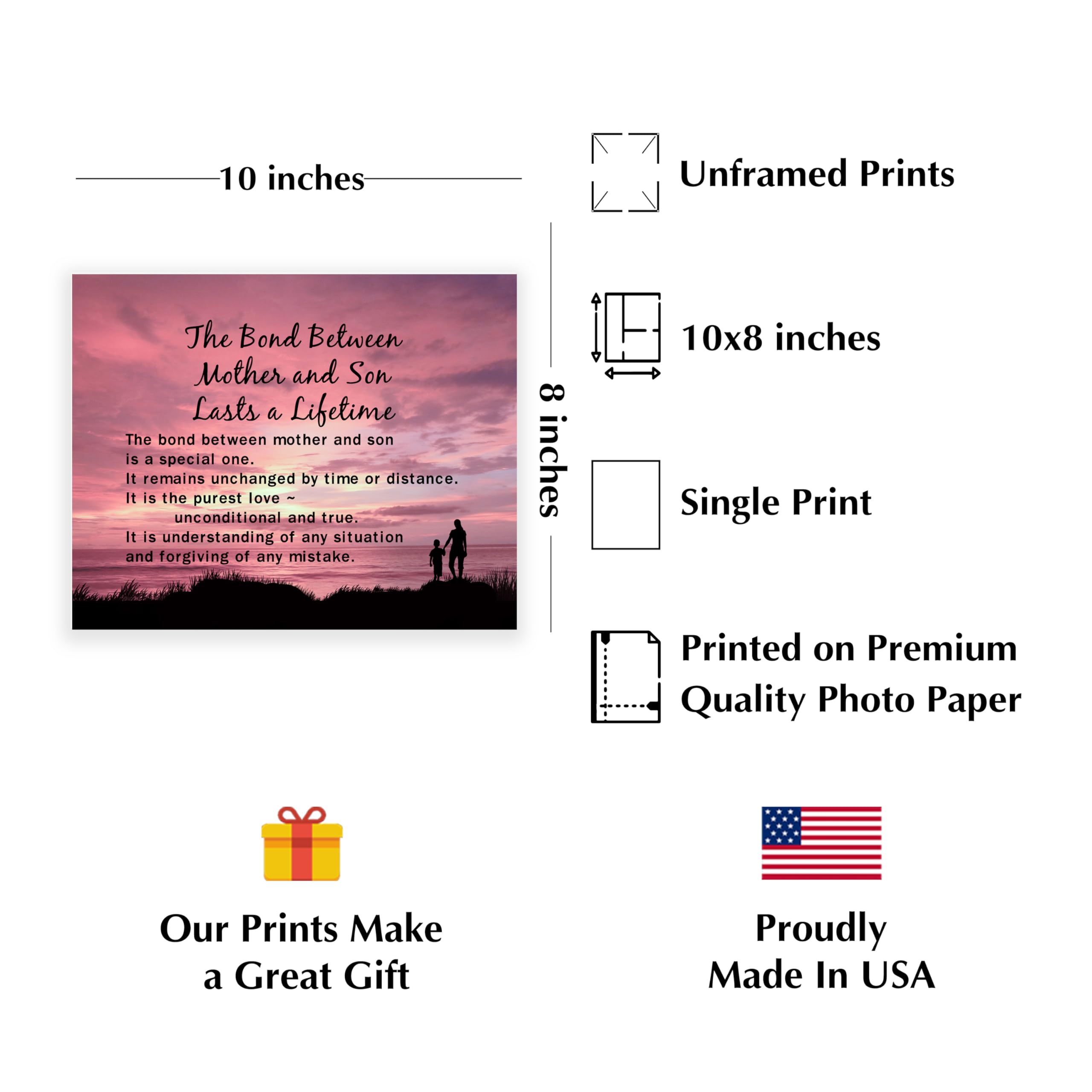 Mother & Son Sunset Landscape Inspirational Wall Art Print - Motivational Home Decor for Living Room, Bedroom & Office - Unframed 8x10 - Perfect for Family Spaces & Gift Giving