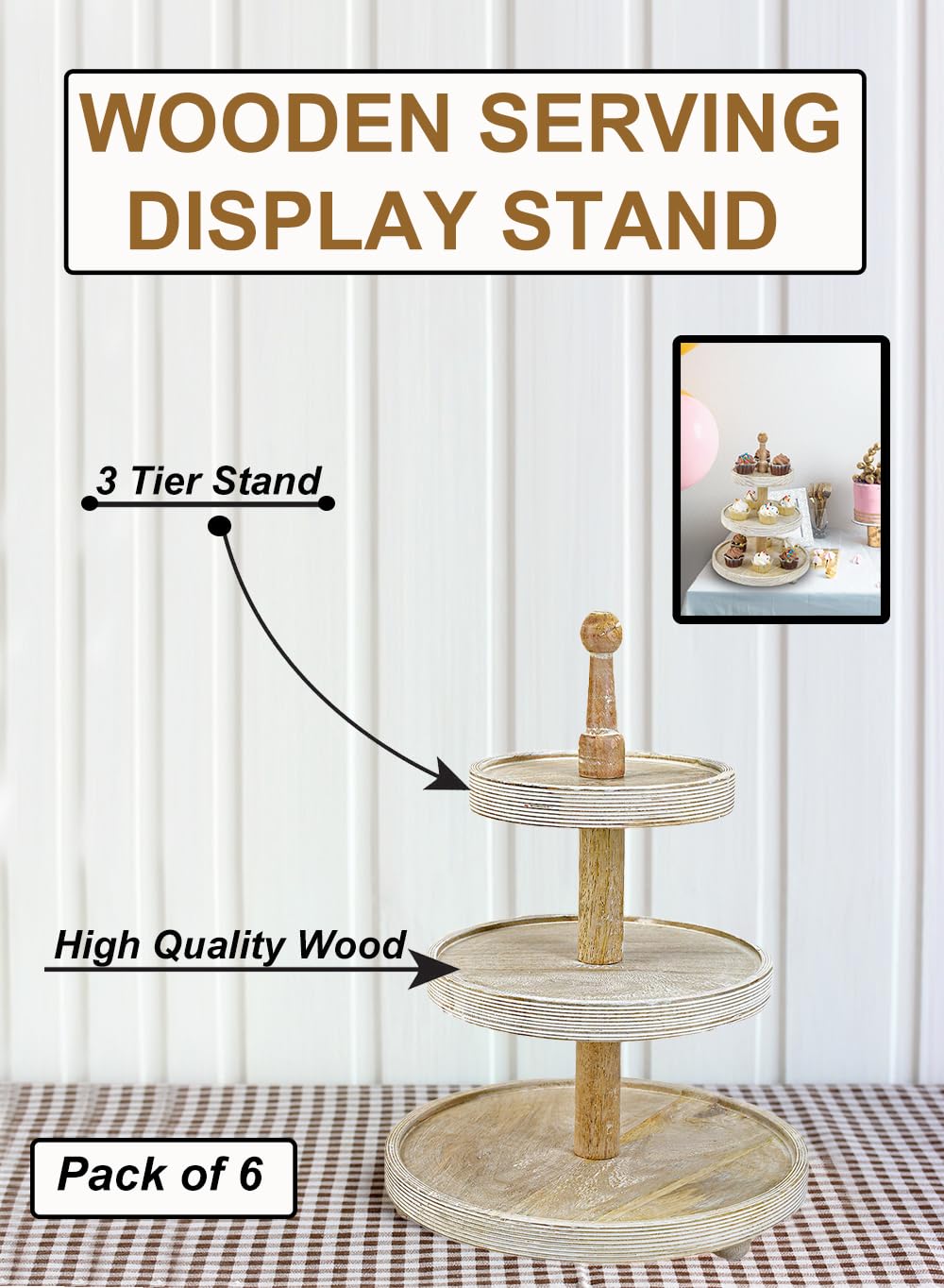 3-Tier Wooden Serving Stand - Rustic Display Tray for Desserts, Appetizers, Jewelry - Perfect for Weddings, Parties & Home Decor (10