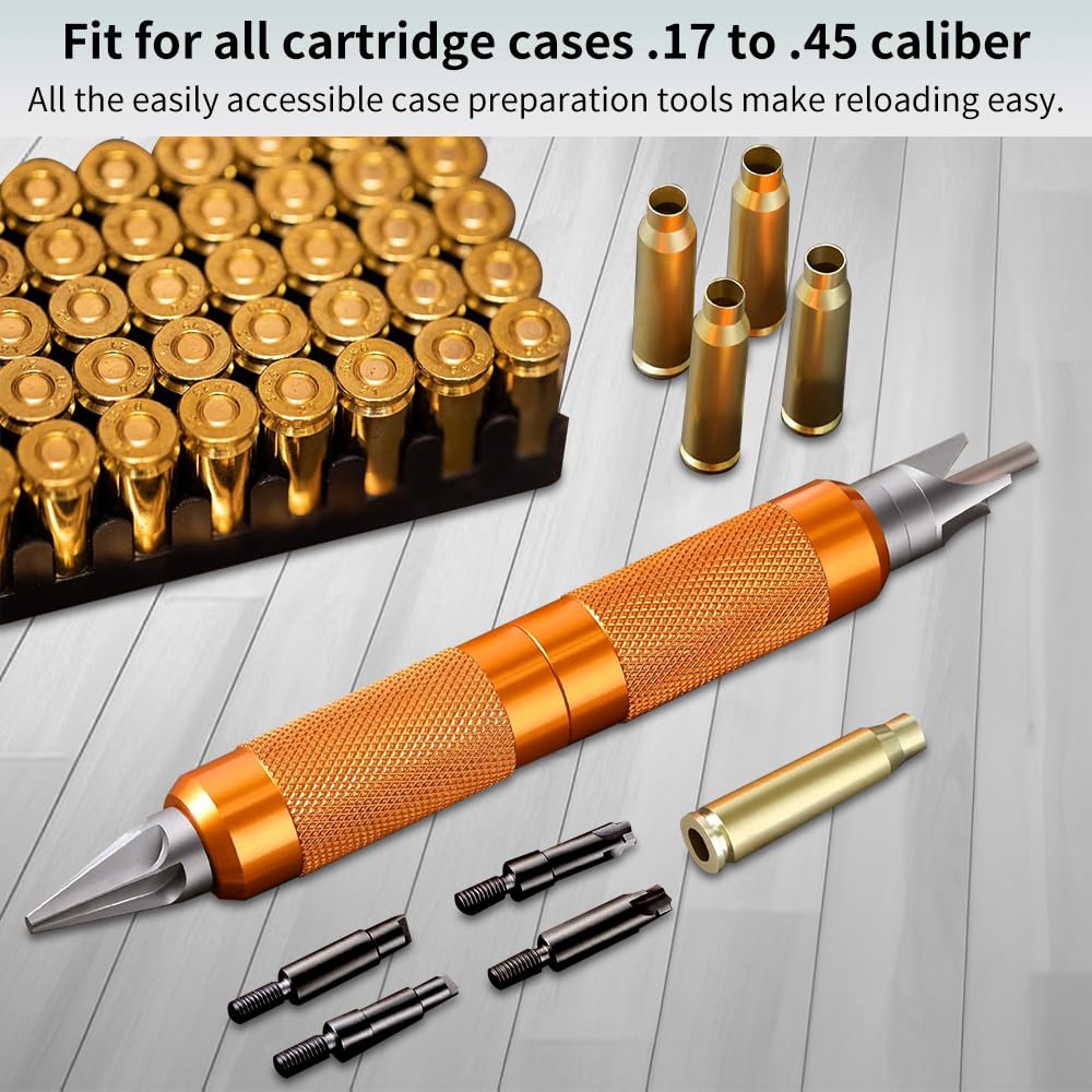 Ludex Multi-Tool Case Prep Kit - .17 to .45 Caliber Reloading Tool with Case Trimmer, Pocket Cleaner, Reamer & Chamfer Deburring Tools (Orange) - Perfect for Ammo Reloading, Gunsmithing & Shooting Range Maintenance