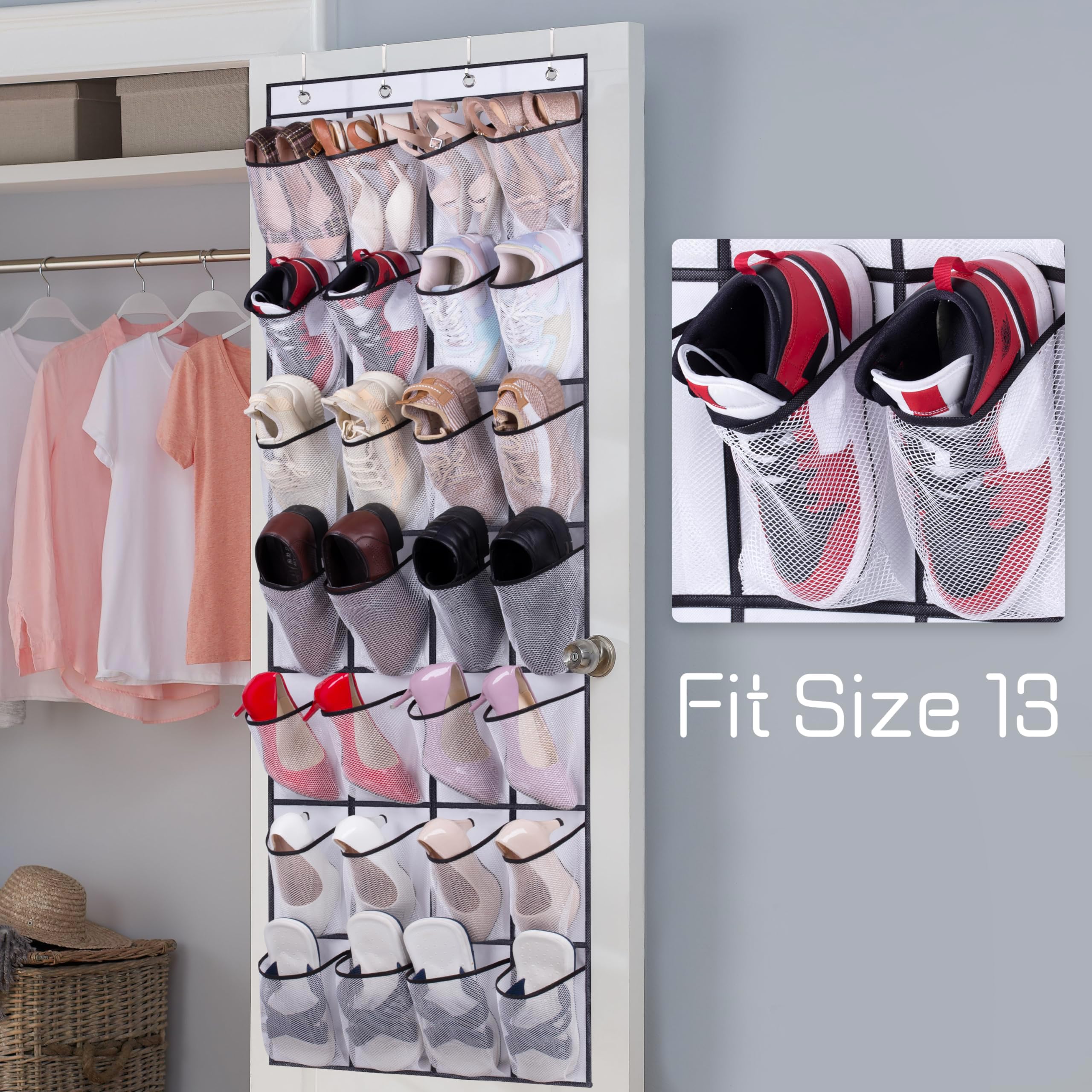 AOODA 28 Large Mesh Pockets Over The Door Shoe Organizer - Space Saving Hanging Shoe Rack for Sneakers, Sandals & Flip Flops - Perfect for Closet, Bedroom, Dorm & Entryway Storage (White)