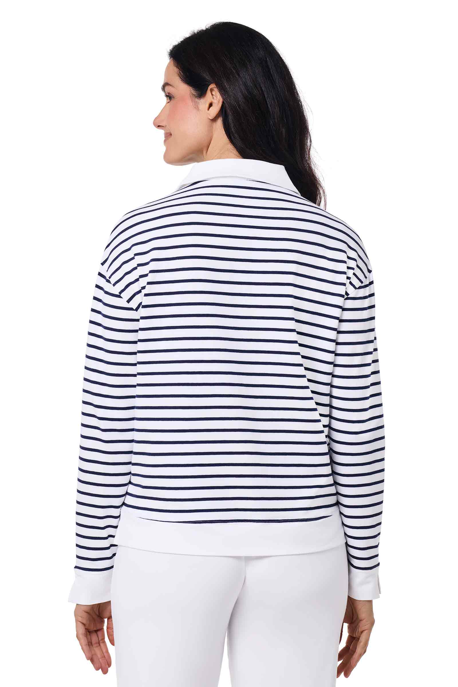 Women's Fontainebleau Polo 2.0 - Classic White & Navy Striped Casual Shirt for Golf, Tennis & Everyday Wear | Breathable & Comfortable Cotton Blend Top
