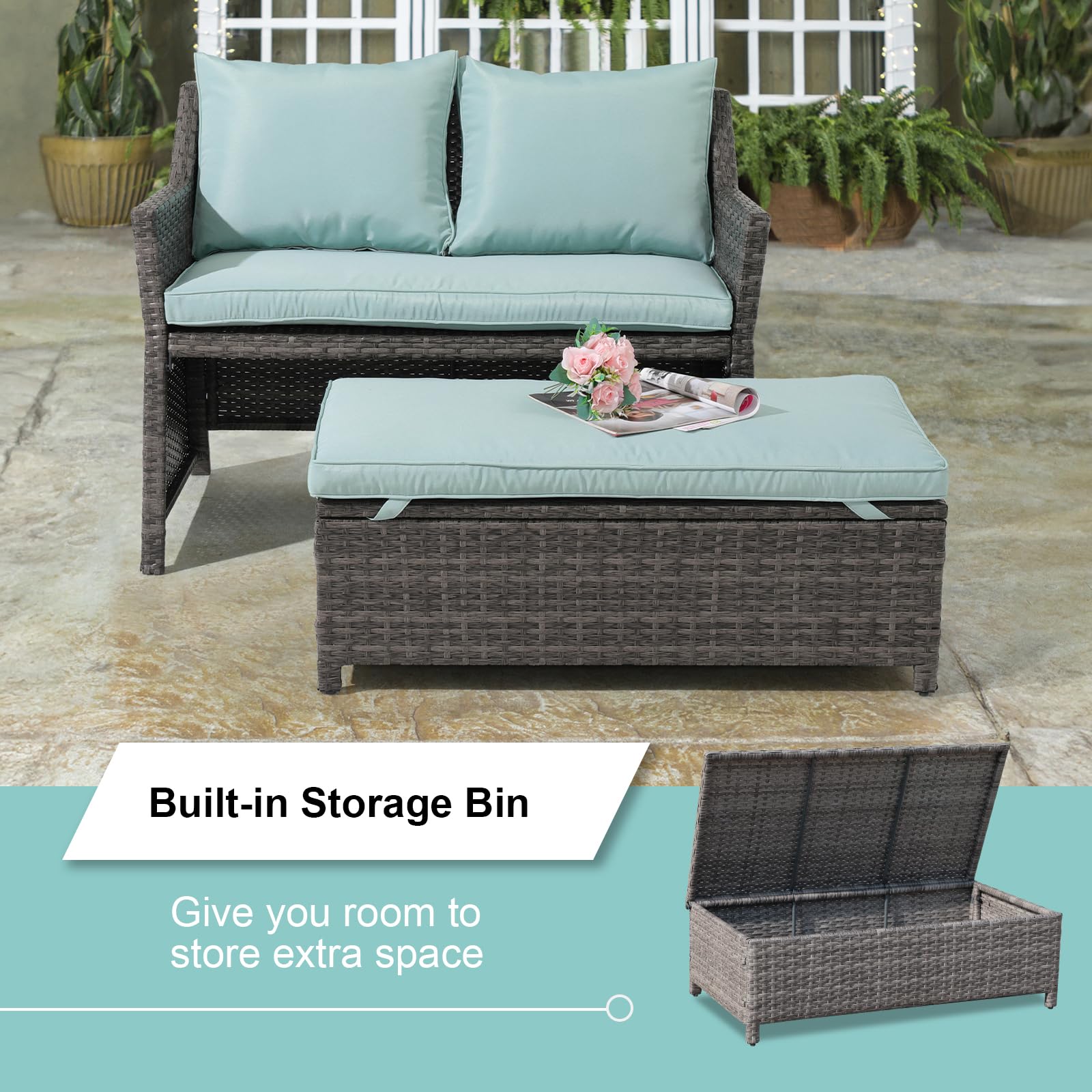 OC Orange-Casual 2-Piece Outdoor Patio Furniture Set - Wicker Loveseat & Coffee Table with Built-in Storage Bin, Grey Rattan & Green Cushions | Perfect for Garden, Backyard, Poolside & Balcony Relaxation