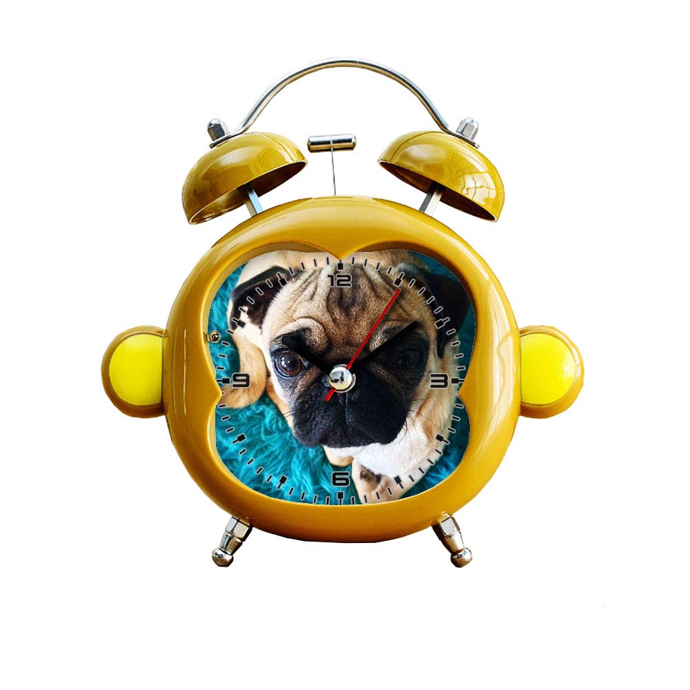 GIRLSIGHT1 Kids Silent Alarm Clock - Monkey Style Twin Bell Mute Analog Quartz Clock with Nightlight for Bedroom & Desk (Pugtaters Potato The Pug Design) - Perfect for Children's Rooms, Bedside Tables & Gentle Wake-Ups