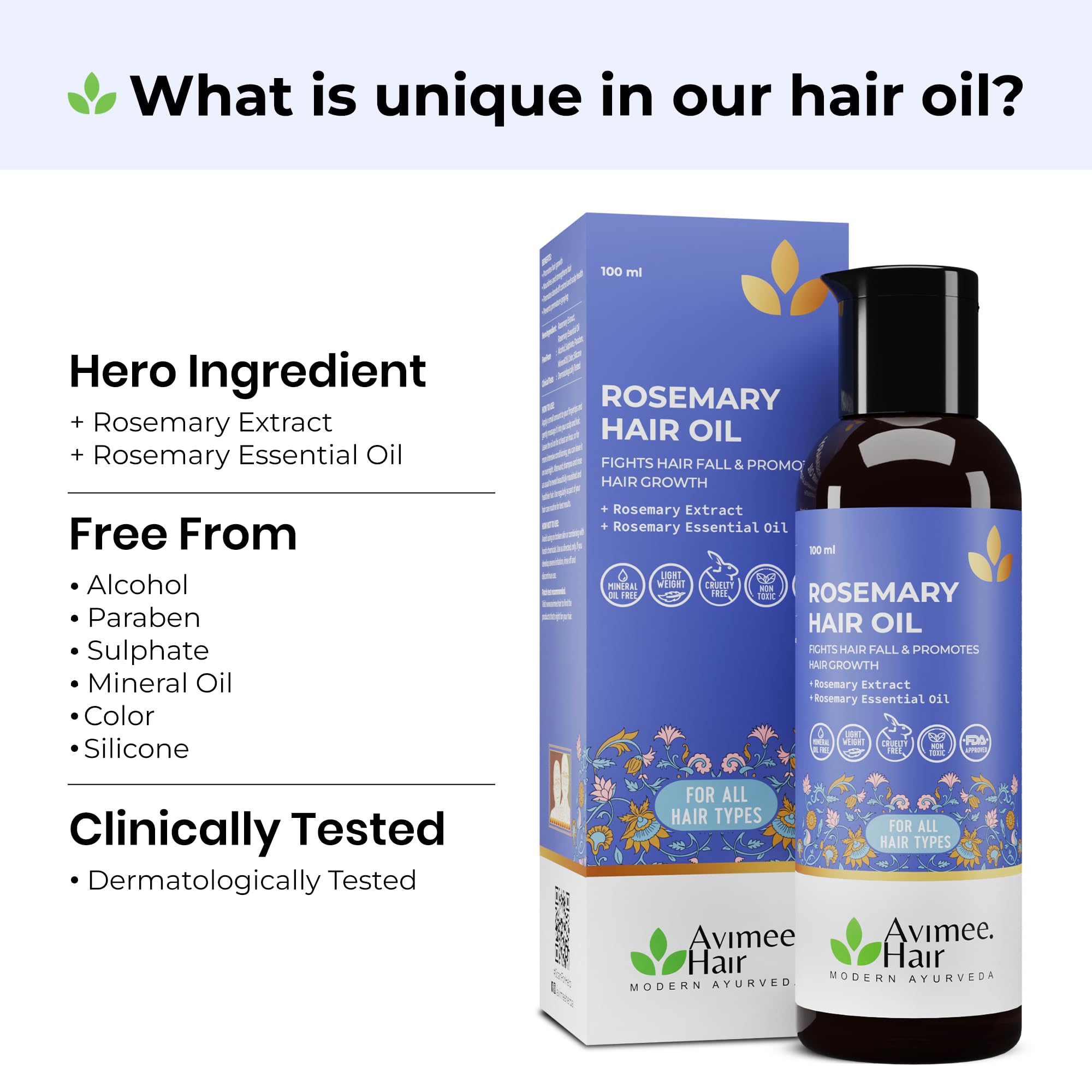 Avimee Herbal Rosemary Hair Oil for Hair Growth & Scalp Care | 100% Pure Natural Treatment for Hair Loss, Dandruff & Thinning Hair | Mineral Oil Free | 100ml | Perfect for Daily Hair Care Routine & Scalp Massage
