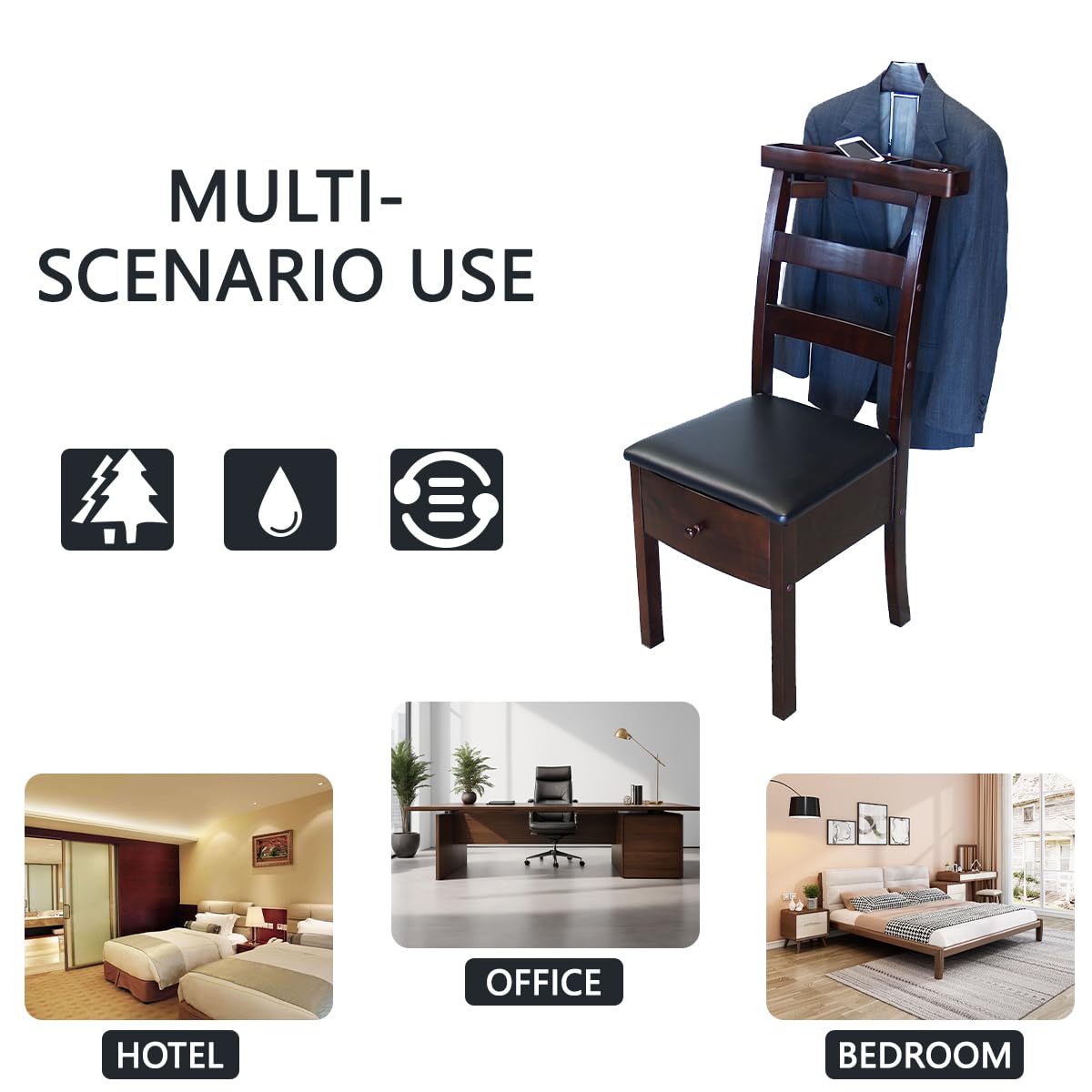 ZCXBHD Gentleman's Valet Chair - Wooden Suit Stand for Men & Women with Drawer & Trouser Bar - Entryway, Office & Living Room Clothes Valet Organizer - Perfect for Suit Storage & Wardrobe Organization
