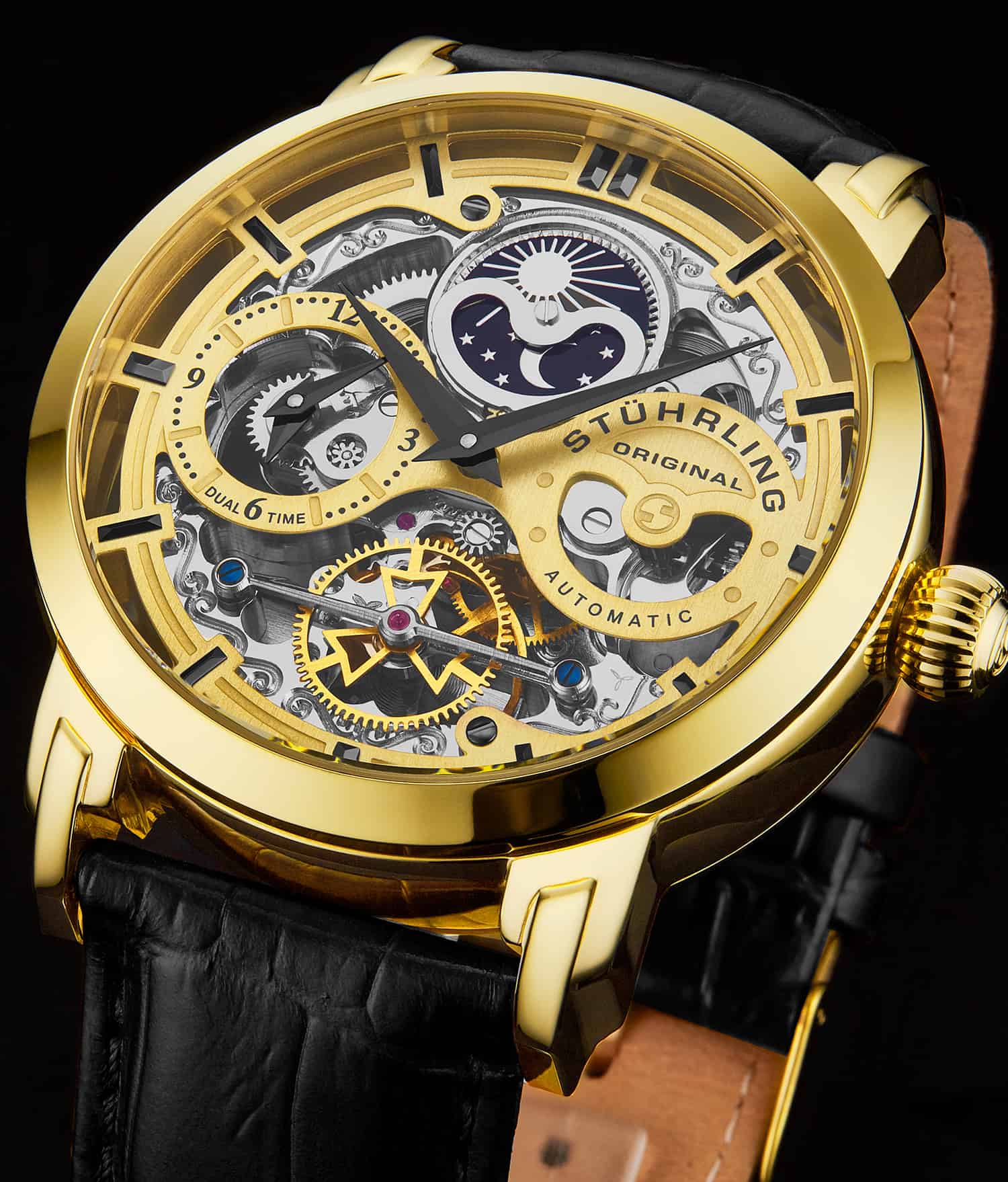 Anatol Dual Time 371 Automatic 46mm Skeleton Watch for Men - Luxury Stainless Steel Mechanical Timepiece with Exhibition Caseback - Perfect for Business, Formal Events & Gift Giving