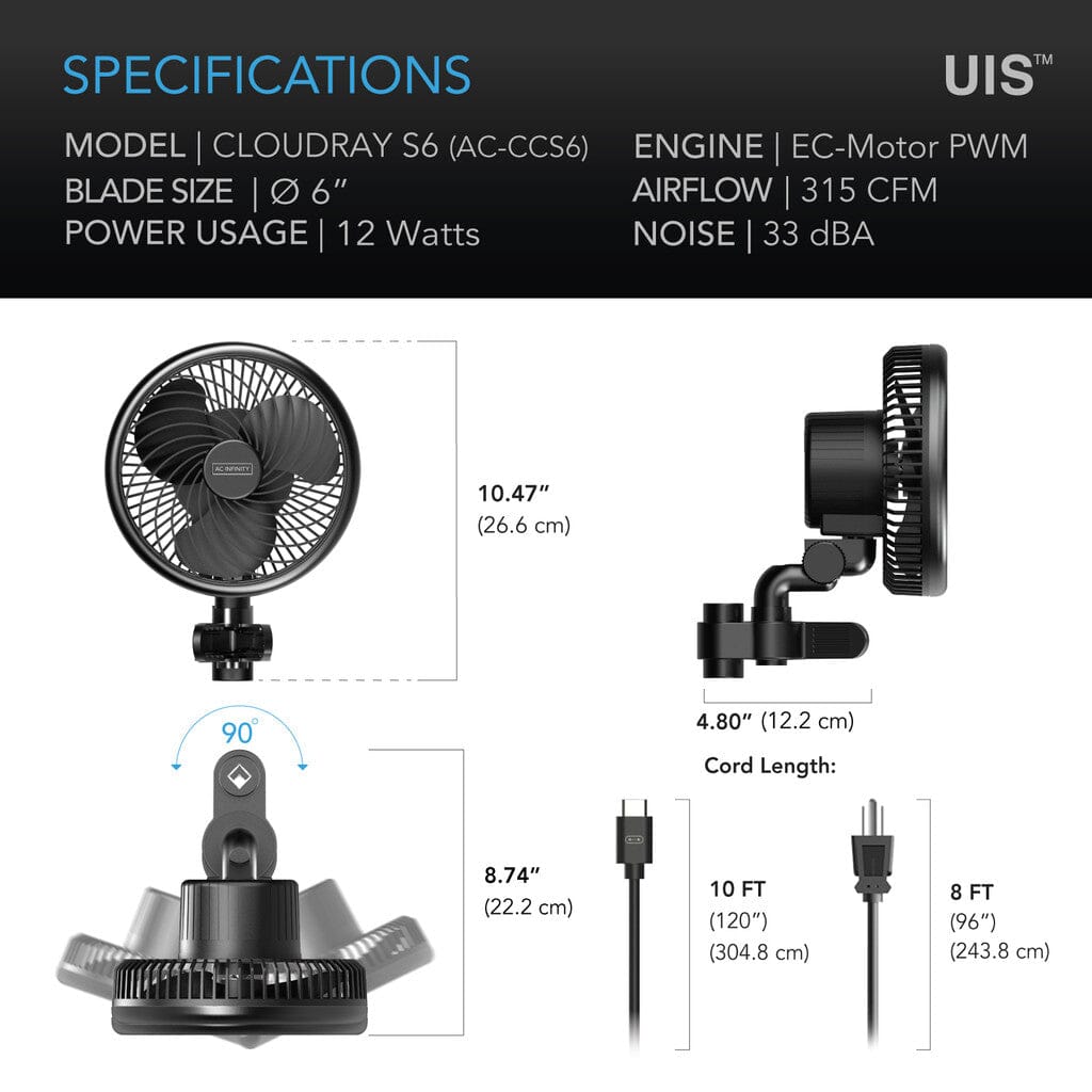 AC Infinity CLOUDRAY S6 Clip Fan - 6 Inch Grow Tent Fan with 10 Speed Settings, EC Motor & Auto Oscillation - Perfect for Hydroponics, Indoor Gardening, and Greenhouse Ventilation