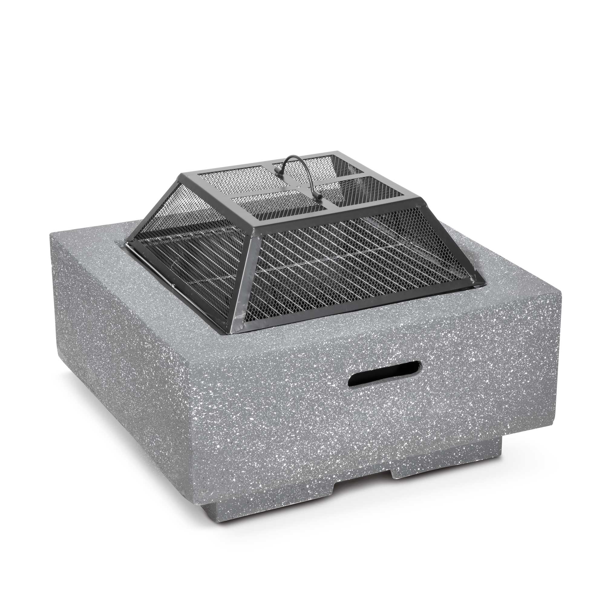 Square MgO Fire Pit with BBQ Grill, Safety Mesh Screen & Fire Poker - Dark Grey Outdoor Fireplace for Backyard, Patio, Camping & Garden Gatherings