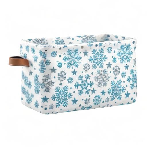 Winter Snowflake Blue Silver Fabric Storage Basket - 16x12x8 Inches Laundry Organizer for Baby Clothes, Dog Toys & Books | Christmas Decor Storage Bin with Bells & Snowman Design | Perfect for Closet, Shelf & Holiday Home Organization