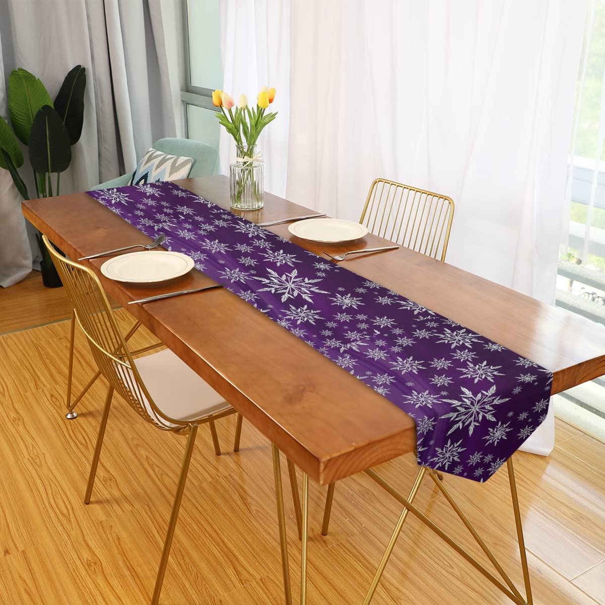 Snowflake Christmas Table Runner - 13x70 Inch Purple Holiday Dining Table Decor for Winter & New Year Celebrations | Perfect for Festive Kitchen Decorations, Christmas Dinner Parties & Seasonal Home Styling