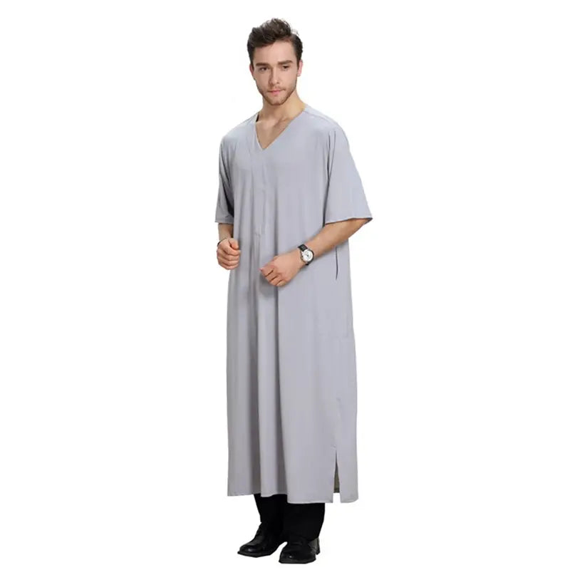 Arab Middle East V-Neck Short Sleeve Men's Robe Thobe Thawb - Comfortable Islamic Prayer Dress for Daily Wear & Special Occasions