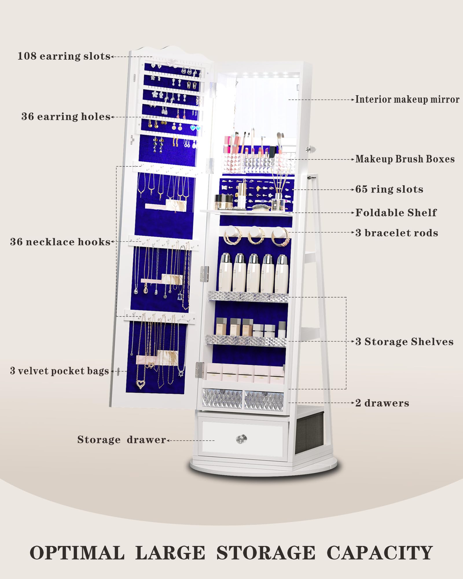 Full-Length Standing Mirror Jewelry Cabinet with LED Lights, Ample Storage & Rotating Shelf - White | Perfect for Bedroom, Dressing Room & Closet Organization
