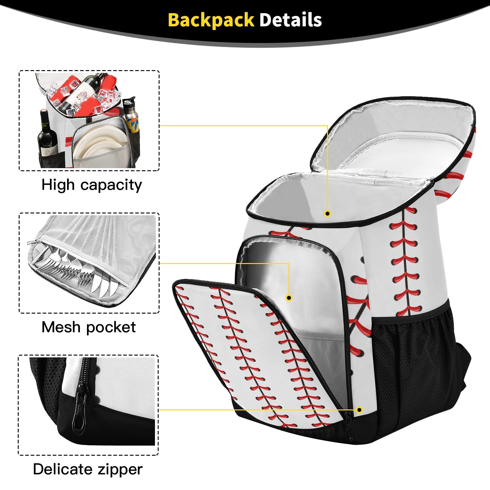 White Baseball Cooler Backpack - Insulated Leak-Proof 30 Can Capacity Waterproof Lightweight Soft Cooler Bag for Beach, Picnic, Hiking & Camping - Perfect for Men & Women Outdoor Activities
