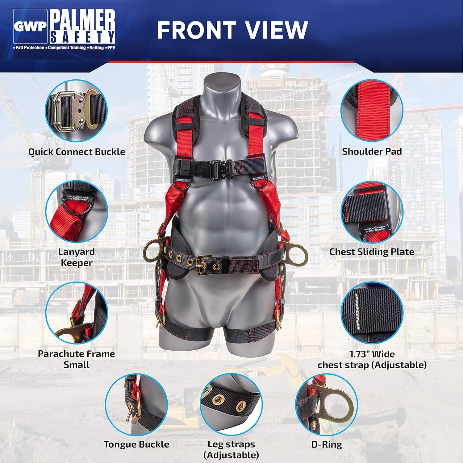 Palmer Safety Fall Protection Hammerhead Kit - 5 Point Safety Harness, 6ft Double Leg Lanyard, 18 Inch D-Ring Extender (Red, Large) | OSHA Compliant Construction Work Gear for Roofing, Window Cleaning & Industrial Safety