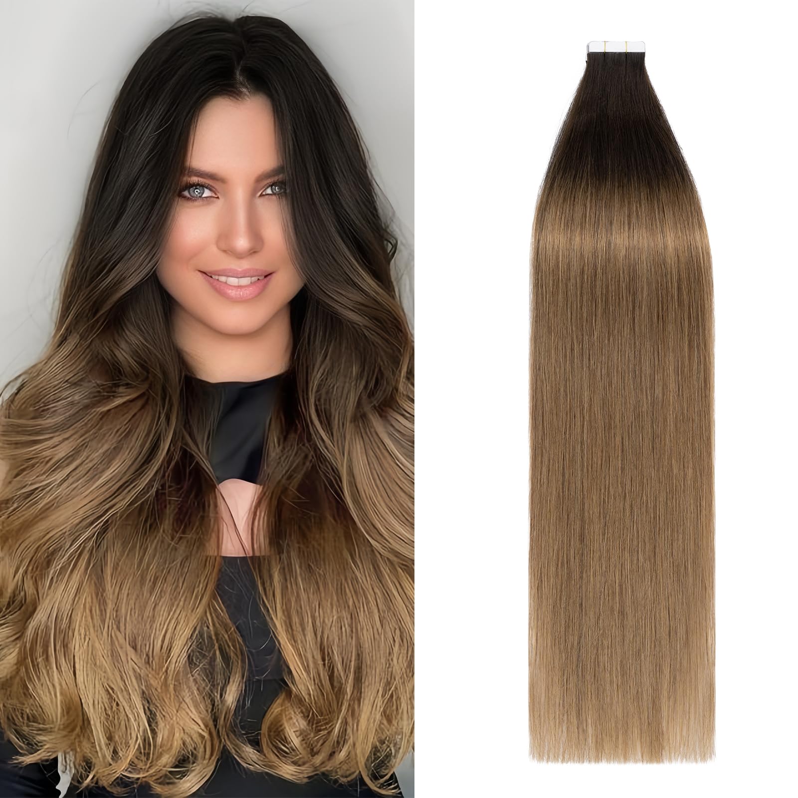 Premium 20-Piece Tape in Hair Extensions - 100% Remy Human Hair, 40g, Balayage Dark Brown to Light Brown, 12-Inch Seamless Straight Double-Sided Extensions for Natural Volume & Styling - Perfect for Parties, Weddings & Everyday Wear