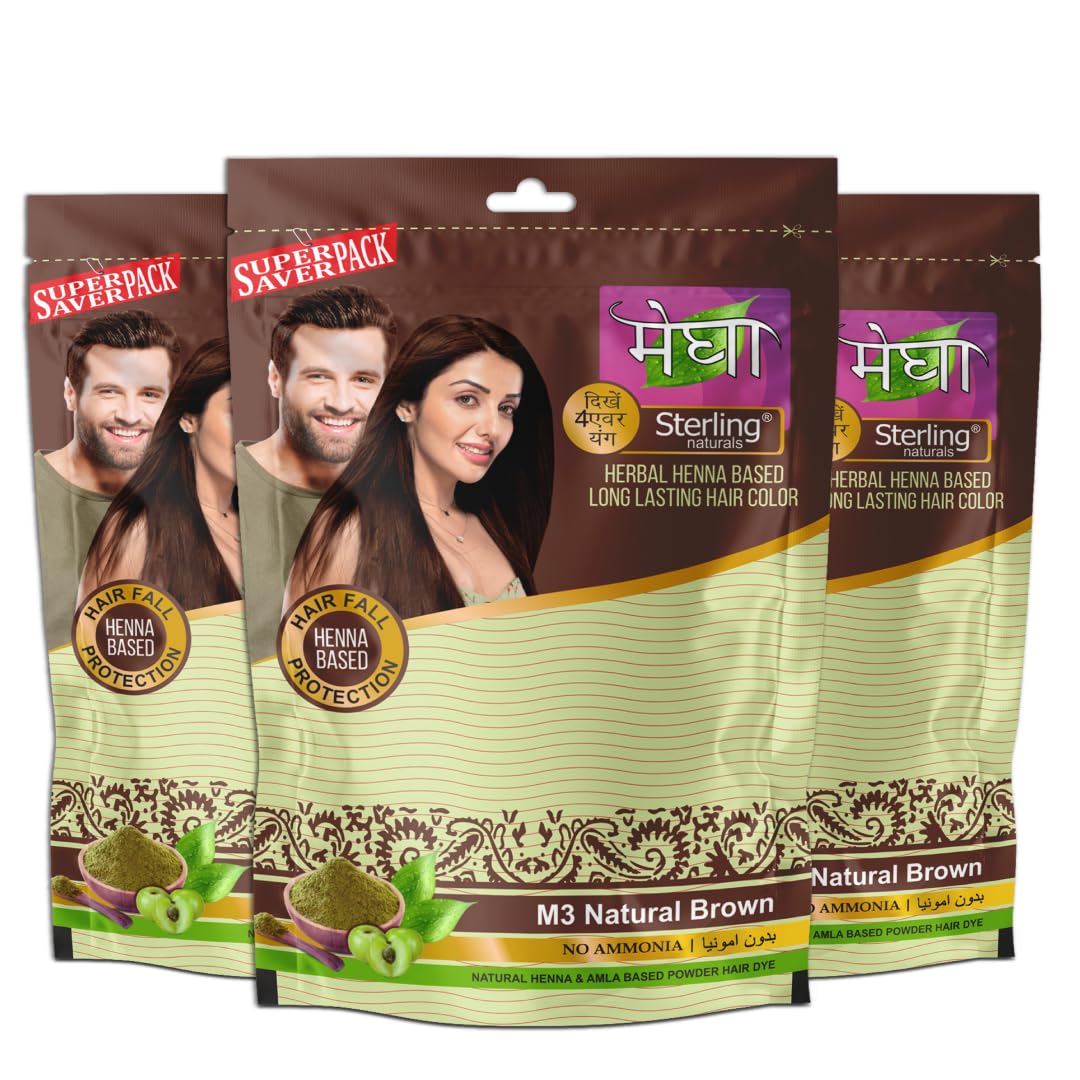 Sterling Naturals Megha Mehandi Natural Brown Henna Hair Dye for Women - 100% Organic, Chemical-Free, Ammonia-Free Hair Color - Pack of 3 (45g Each) - Perfect for Gray Coverage, Hair Conditioning & Natural Looking Color at Home