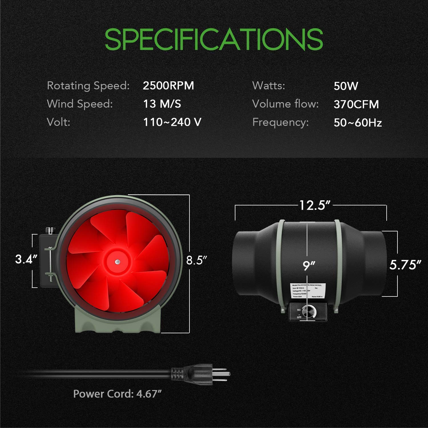 HealSmart 6 Inch Inline Duct Fan with Rotating Button Control - High CFM Ventilation Exhaust Fan for HVAC, Grow Tents, Hydroponics & Indoor Gardening | Perfect for Home, Greenhouse & Commercial Use