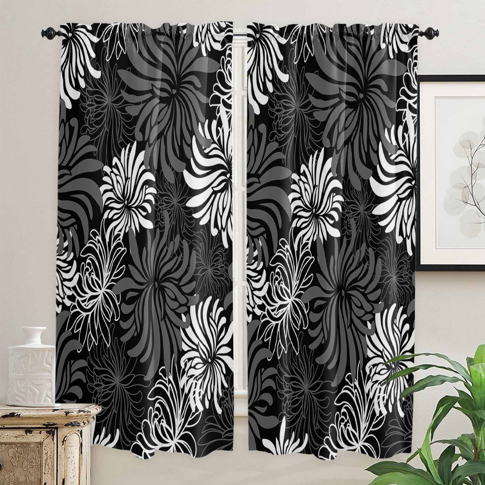 72 Inch Floral Window Curtains for Living Room & Bedroom - Grey White Chrysanthemum Pattern, Rod Pocket Blackout Drapes (52