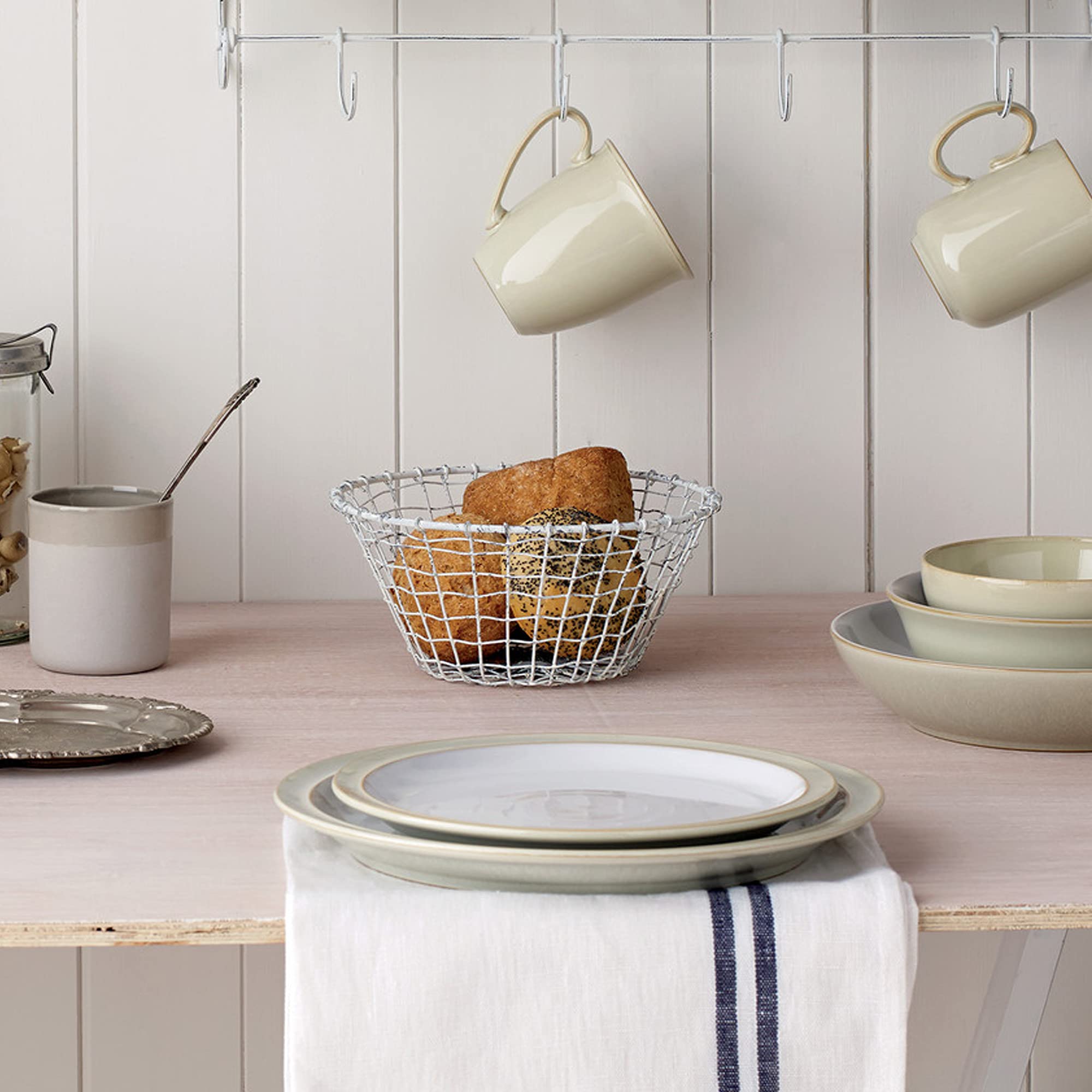 Denby Linen Cream White 4-Piece Ceramic Dinnerware Set - Includes Dinner Plate, Small Plate, Cereal Bowl & Coffee Mug - Dishwasher Safe Stoneware for Everyday Use - Perfect for Home Dining, Entertaining & Gifts