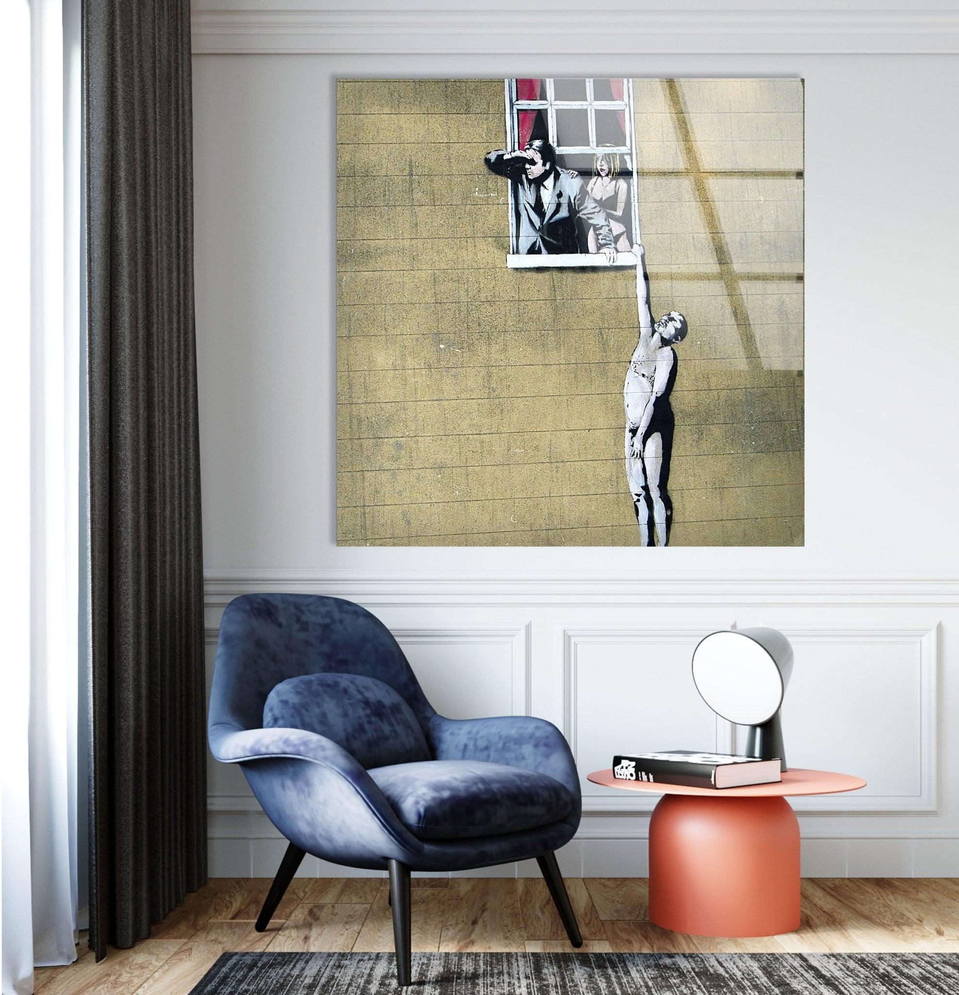 Banksy Well Hung Lover Glass Wall Art - Modern Street Art Home Decor for Living Room, Bedroom & Office - Unique Gift for Art Lovers