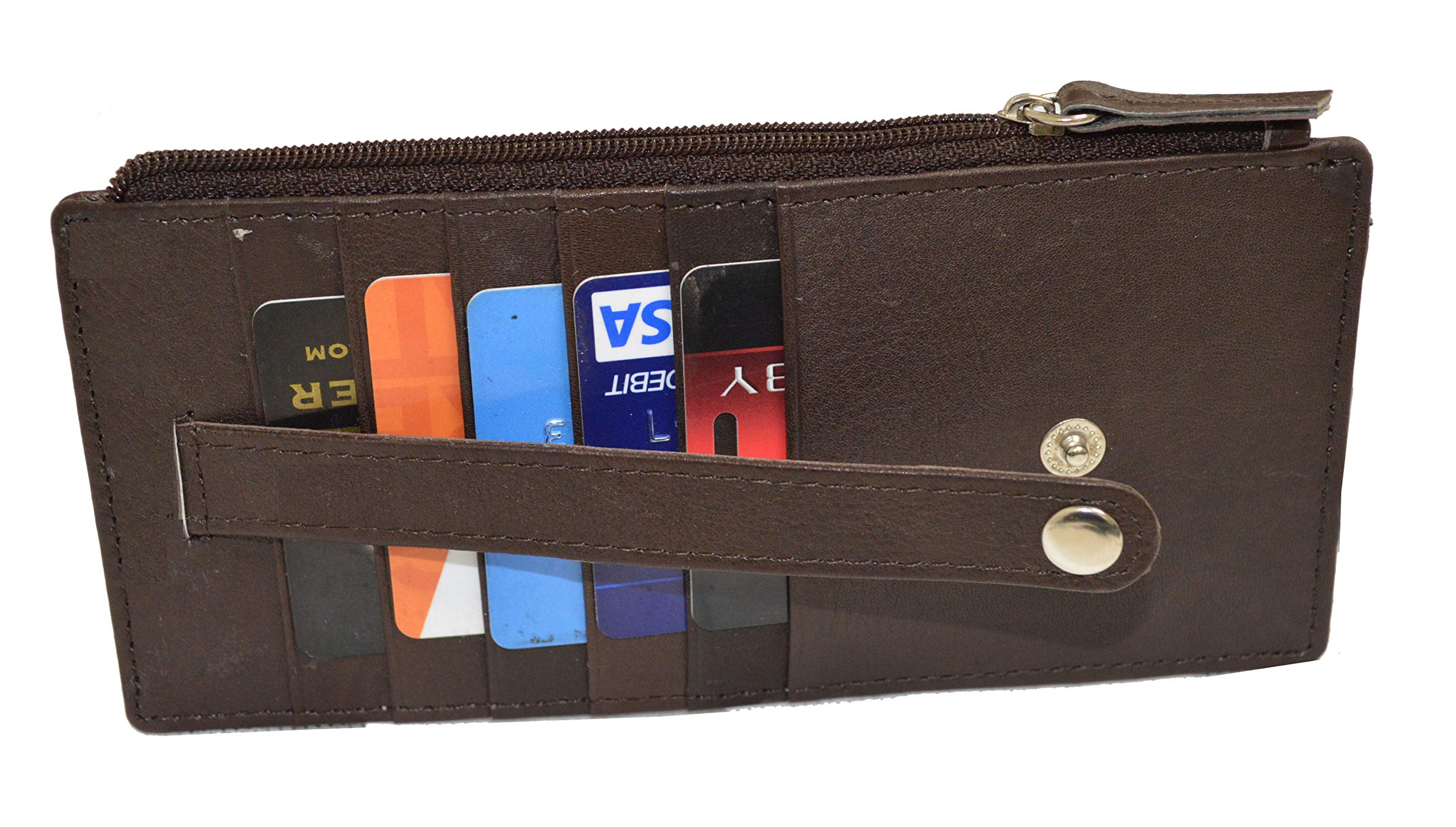 Genuine Leather Women's Slim Wallet - Card Case with Zipper & Strap for Business & Travel