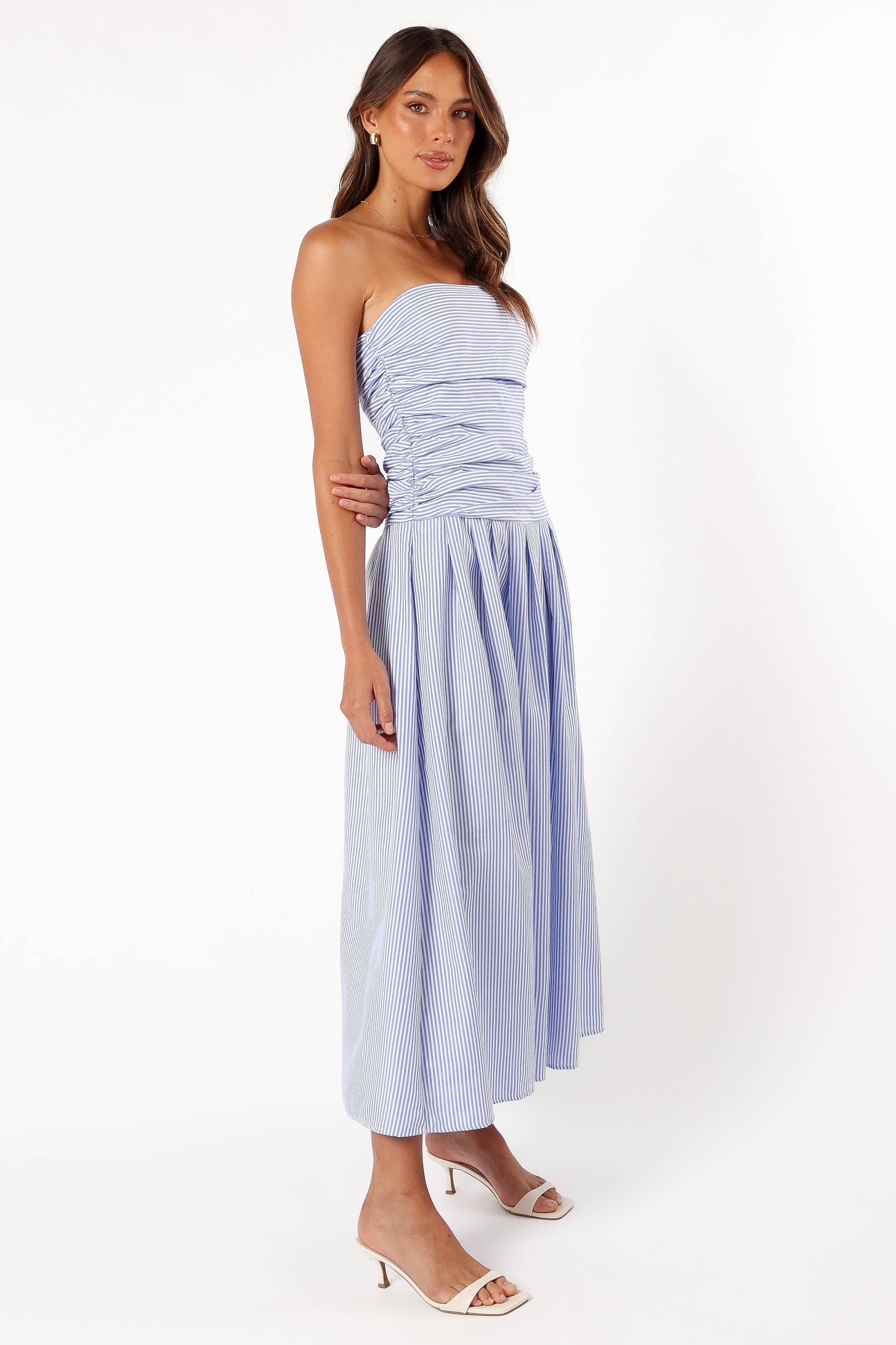 Avalee Strapless Maxi Dress - Blue Stripe Floral Summer Beach Dress for Women | Perfect for Vacations, Weddings & Outdoor Parties