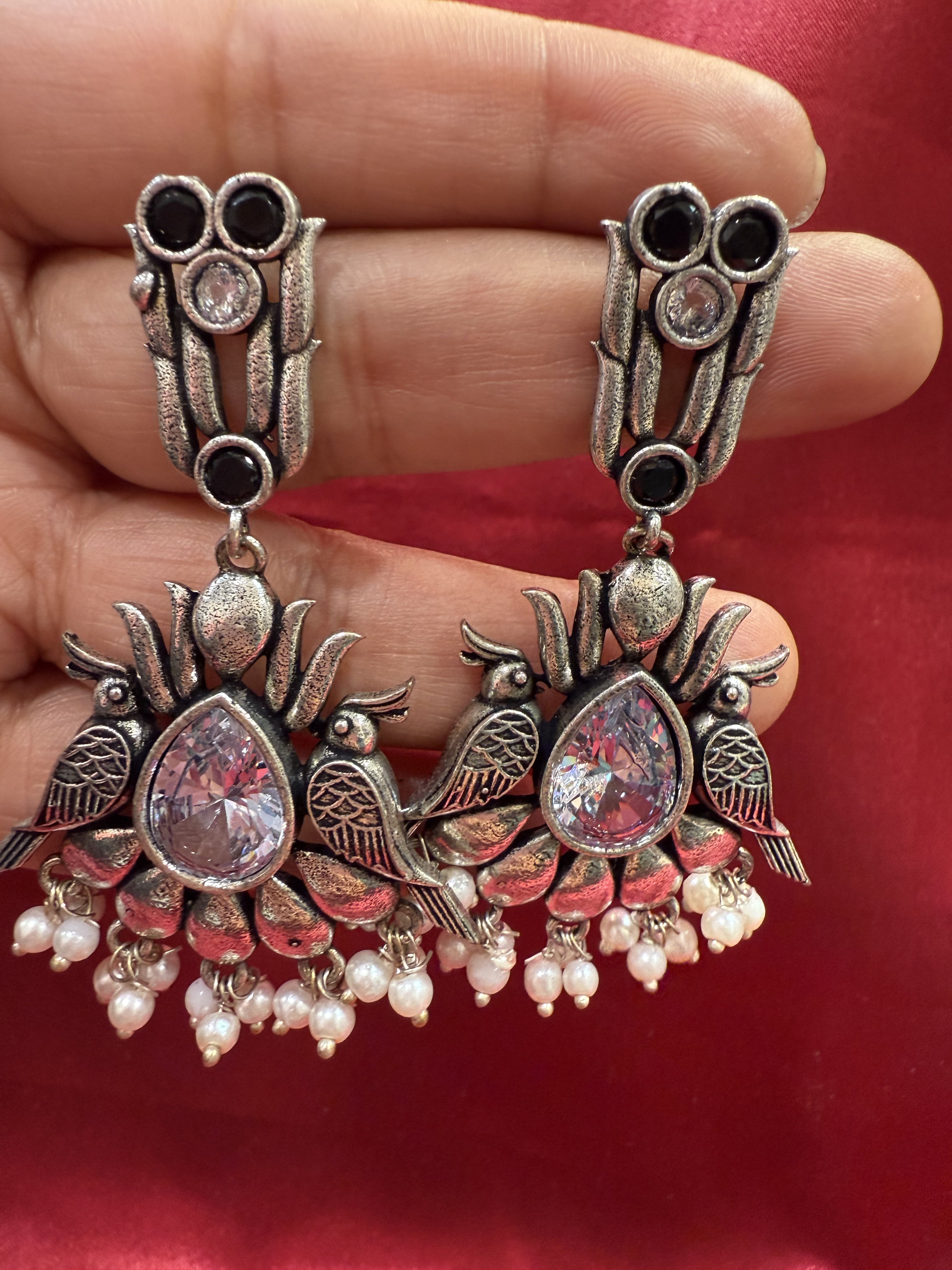 Elegant Silver & Black Stone Bird Design Beaded Earrings for Women | Handmade Oxidized Jewelry | Perfect for Parties, Weddings & Gifts