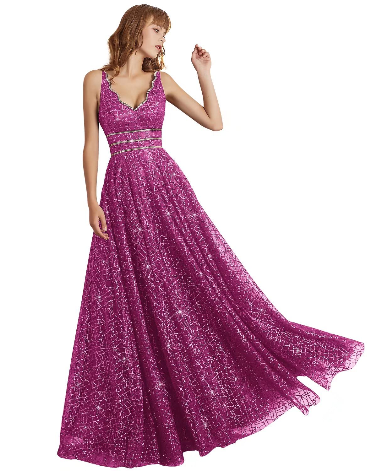 AiniDress Women's Elegant V-Neck Tulle Prom Dress with Crystal Embellishments - Formal Evening Gown for Ball, Homecoming, Wedding & Special Occasions