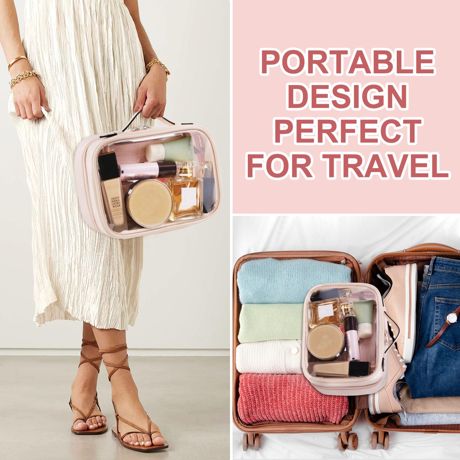 Clear Travel Toiletry Bag with Zipper - 2 Layer Waterproof Cosmetic Organizer for Makeup & Essentials