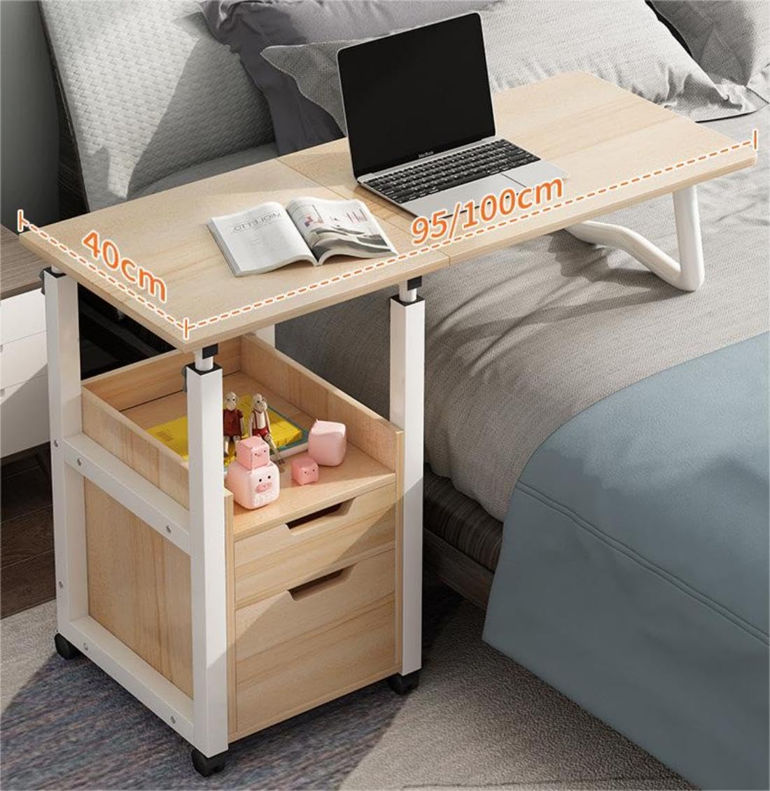 Adjustable Height Freestanding Overbed Table with Wheels & Drawers - Foldable Mobile Laptop Desk for Bedroom, Hospital, or Office Use - Rolling Computer Workstation for Small Spaces & Home Nursing Care