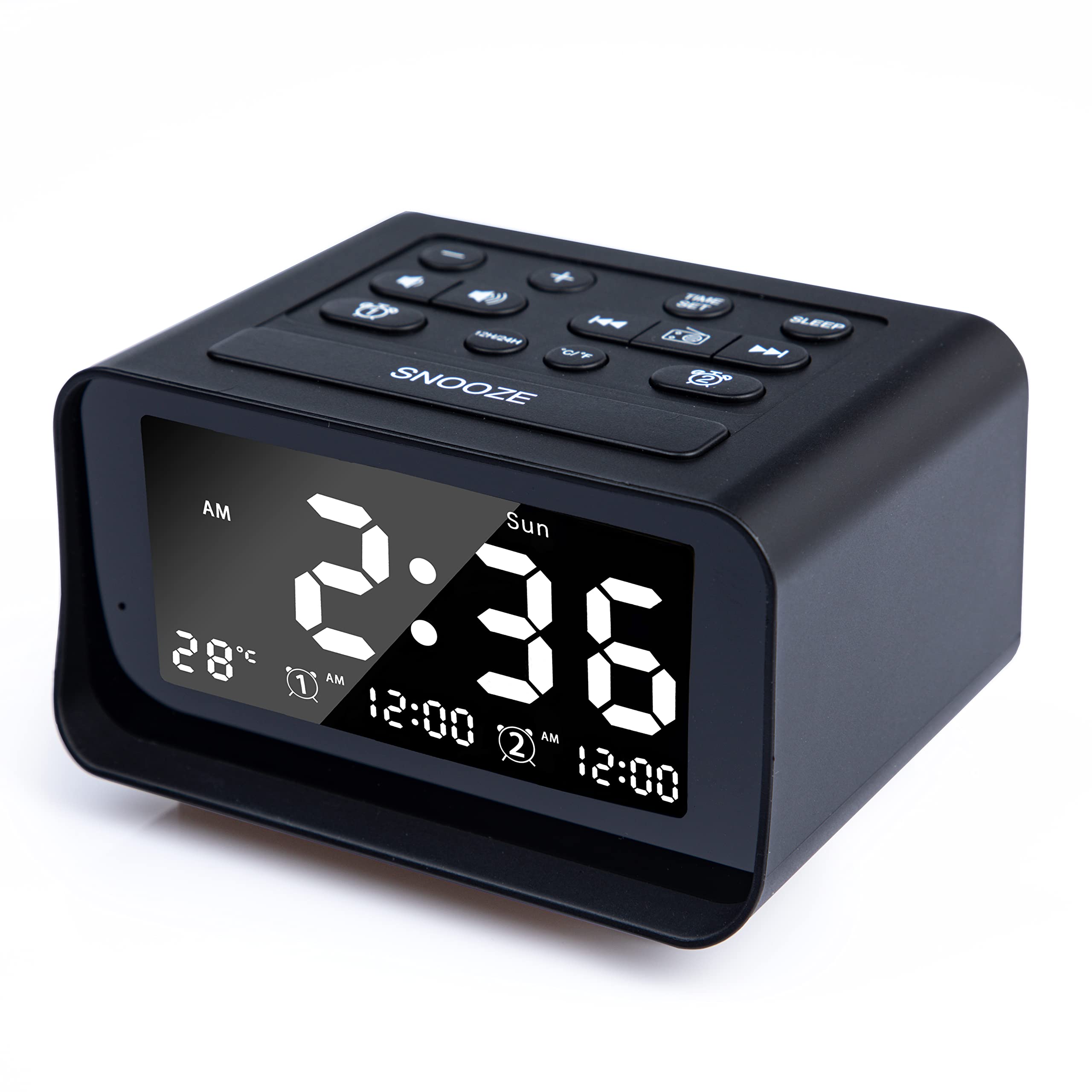Yun Chi Digital Alarm Clock with Large LED Display, 6 Adjustable Alarm Sounds, FM Radio & Sleep Timer, Built-in Thermometer, 2 USB Charging Ports - Perfect for Bedroom, Office, and Travel (Black)