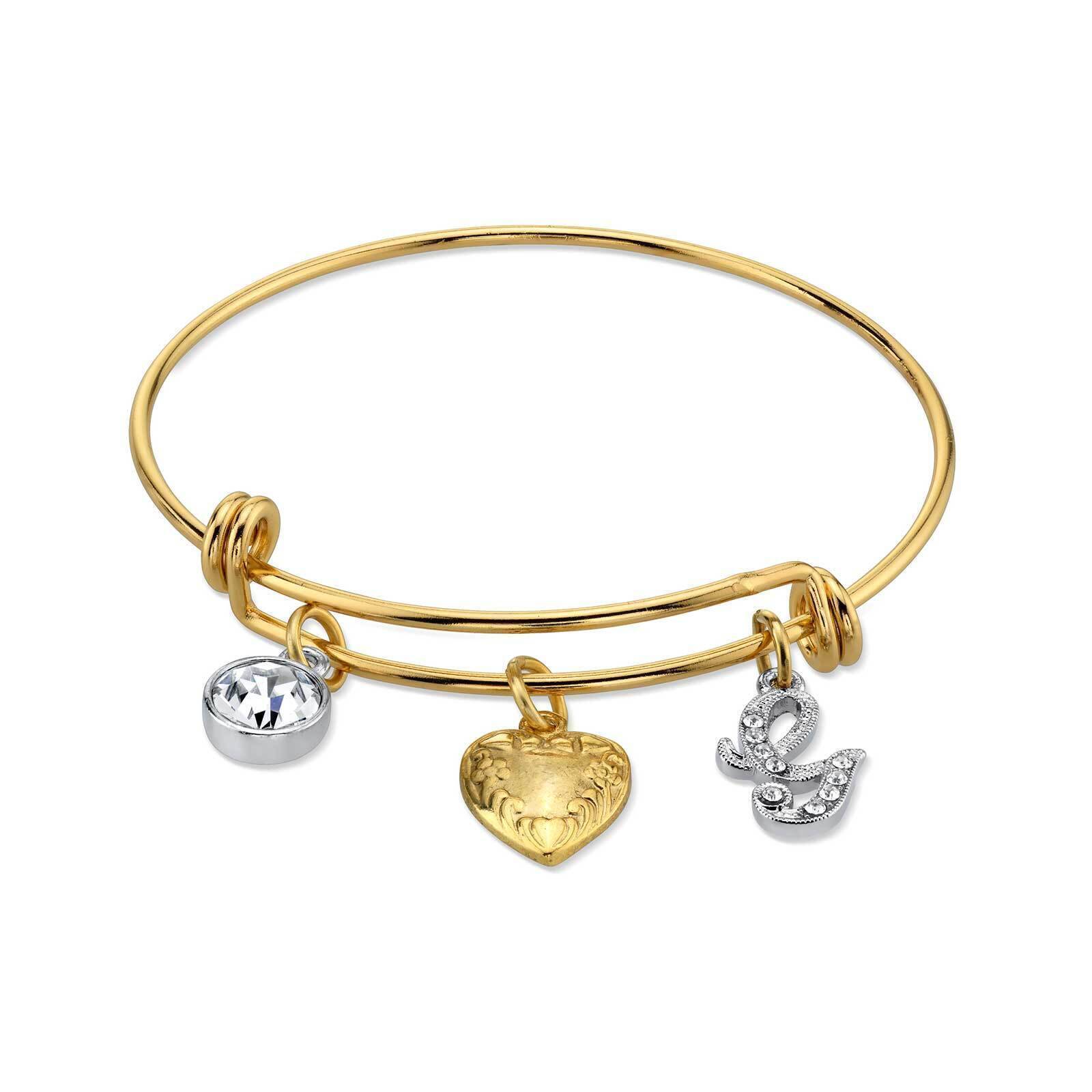 1928 Gold Heart Initial Crystal Charm Bangle Bracelet for Women - Personalized Name Jewelry Gift for Her - Perfect for Valentine's Day, Anniversary & Special Occasions