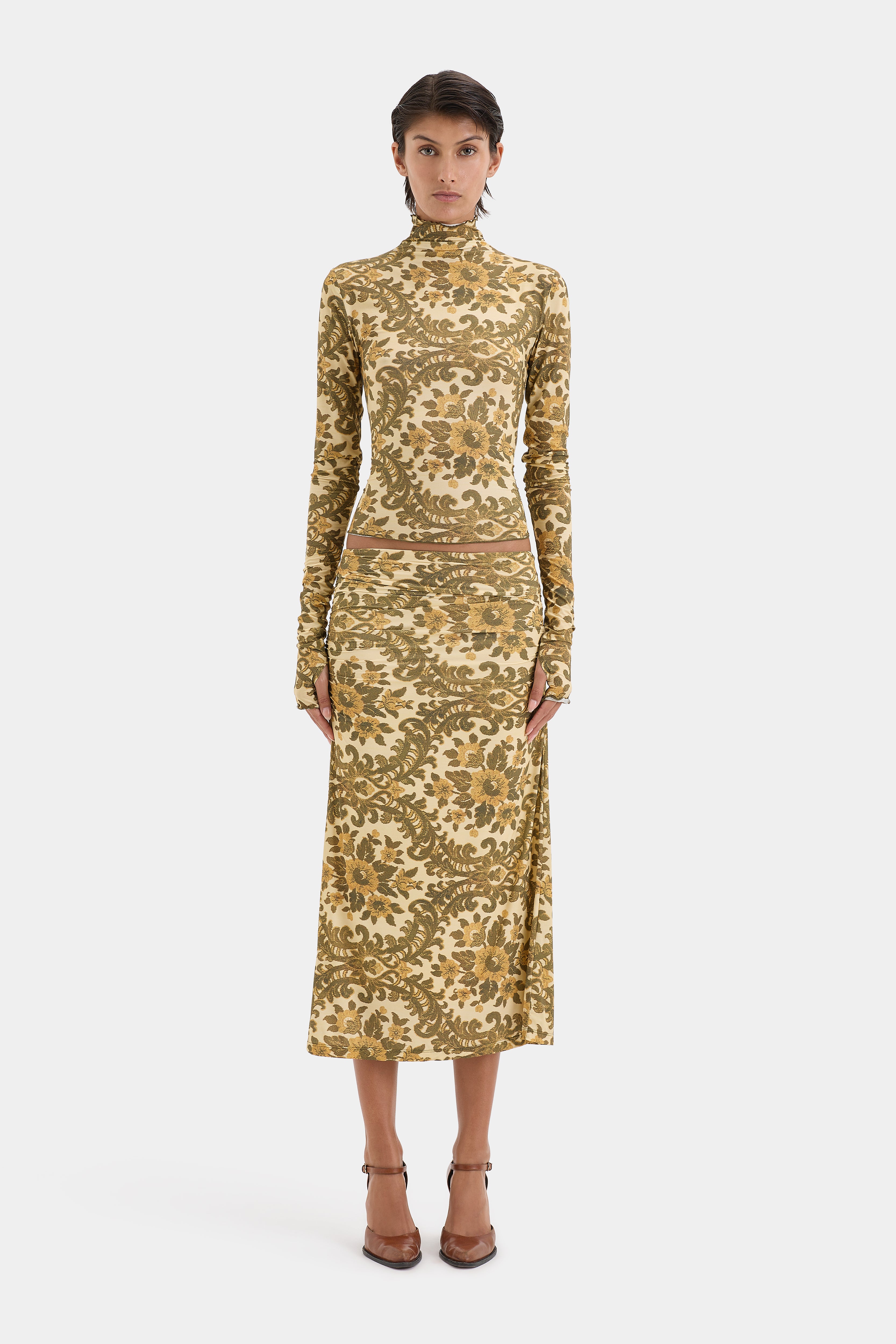 Aventine Ruched Skirt for Women - Stretchy High Waist Bodycon Midi Skirt - Perfect for Office, Date Night & Party Outfits