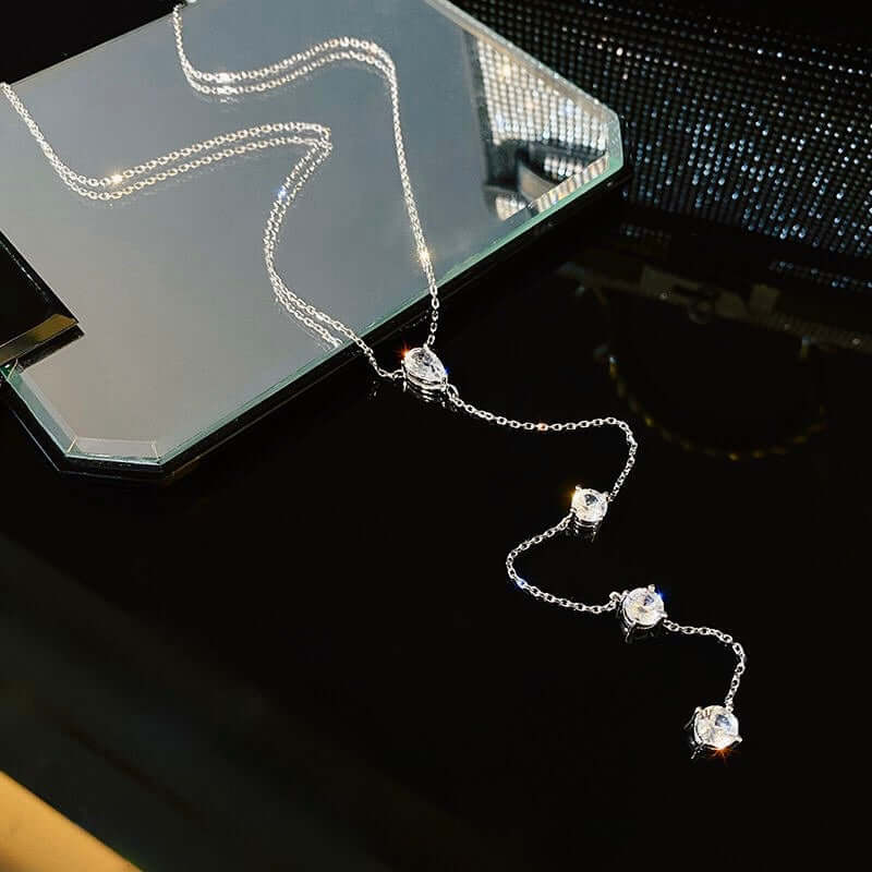 Elegant Teardrop Silver Tassel Lariat Necklace for Women | HN2188 | Perfect for Evening Parties, Weddings & Special Occasions