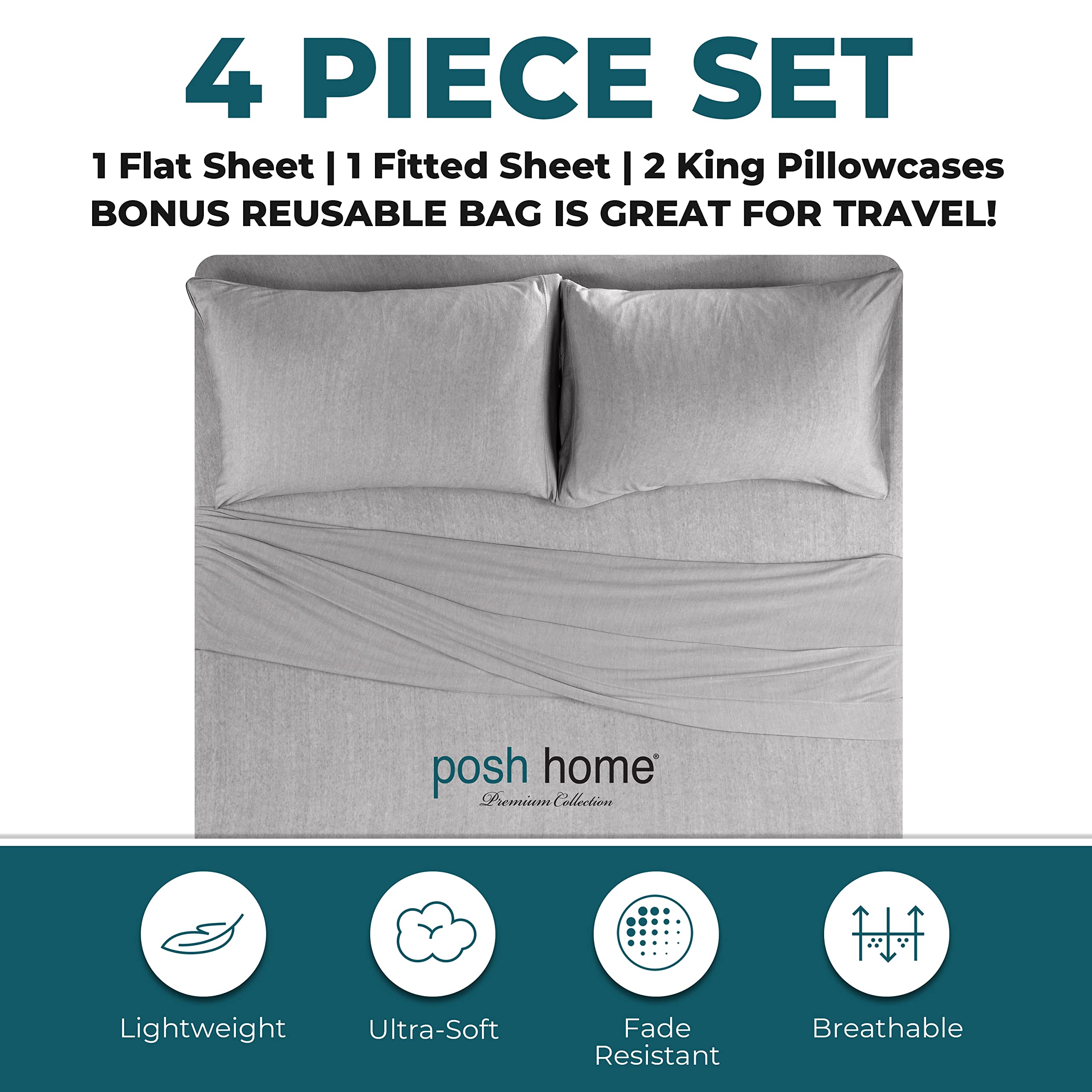 Posh Home Jersey Knit Sheet Set - 4-Piece Soft & Breathable Cotton Bed Sheets - Includes Flat Sheet, Fitted Sheet & 2 Pillowcases - King Size, Ashen Gray - Perfect for Cozy Nights & Comfortable Sleep