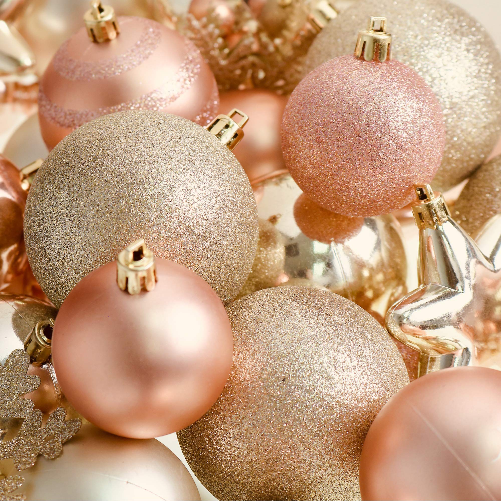 RN'D Christmas Snowflake Ball Ornaments Bulk Set - 76 Pcs Hanging Snowflake & Ball Decorations with Hooks in Yellow & Rose Gold for Holiday Tree Decor, Home Party, Winter Wedding, and Festive Gift Giving